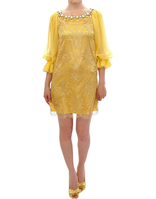 Yellow Lace Crystal Embellished Mini Dress - GlamHub Luxury and Icon Brand Clothing