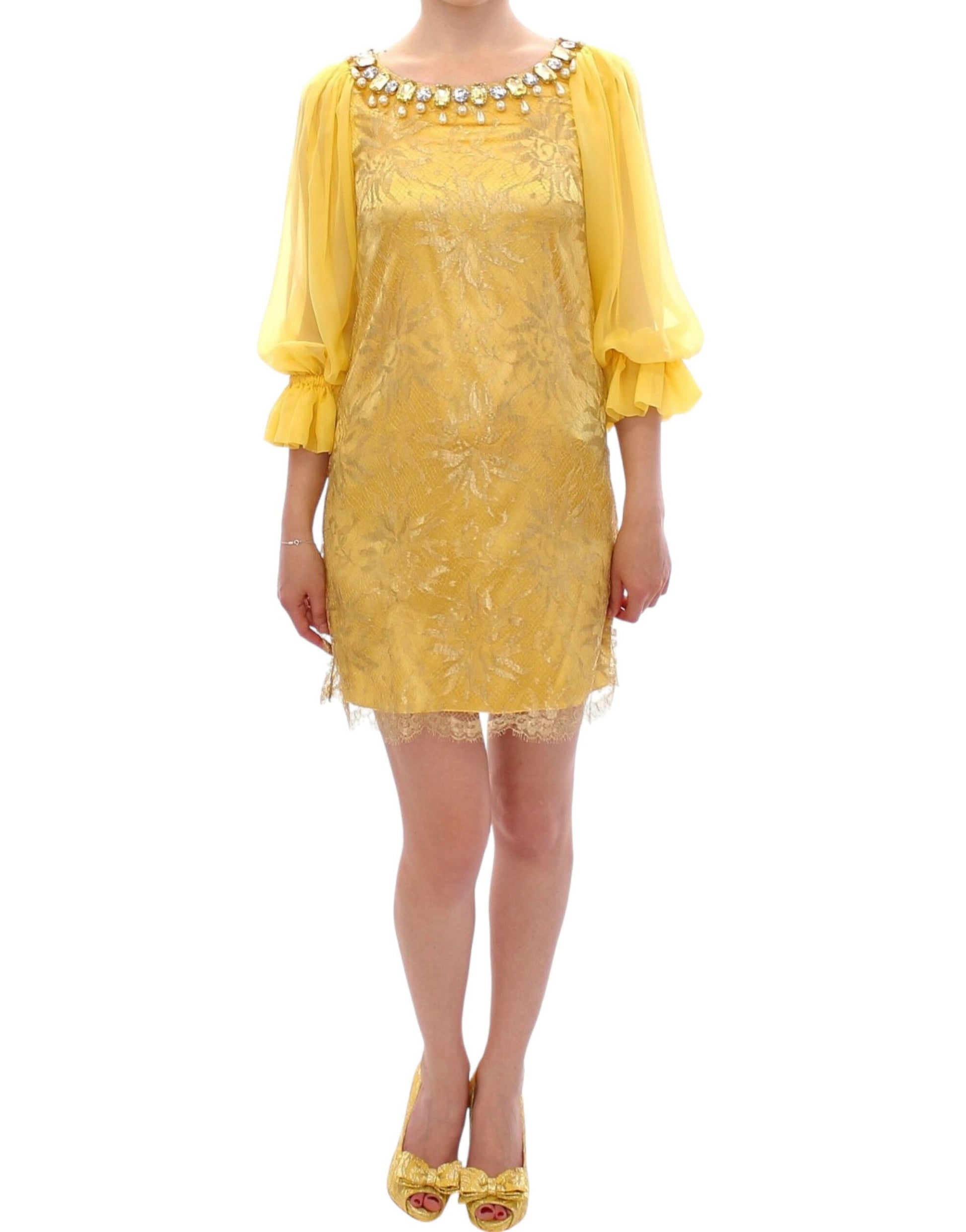 Yellow Lace Crystal Embellished Mini Dress - GlamHub Luxury and Icon Brand Clothing