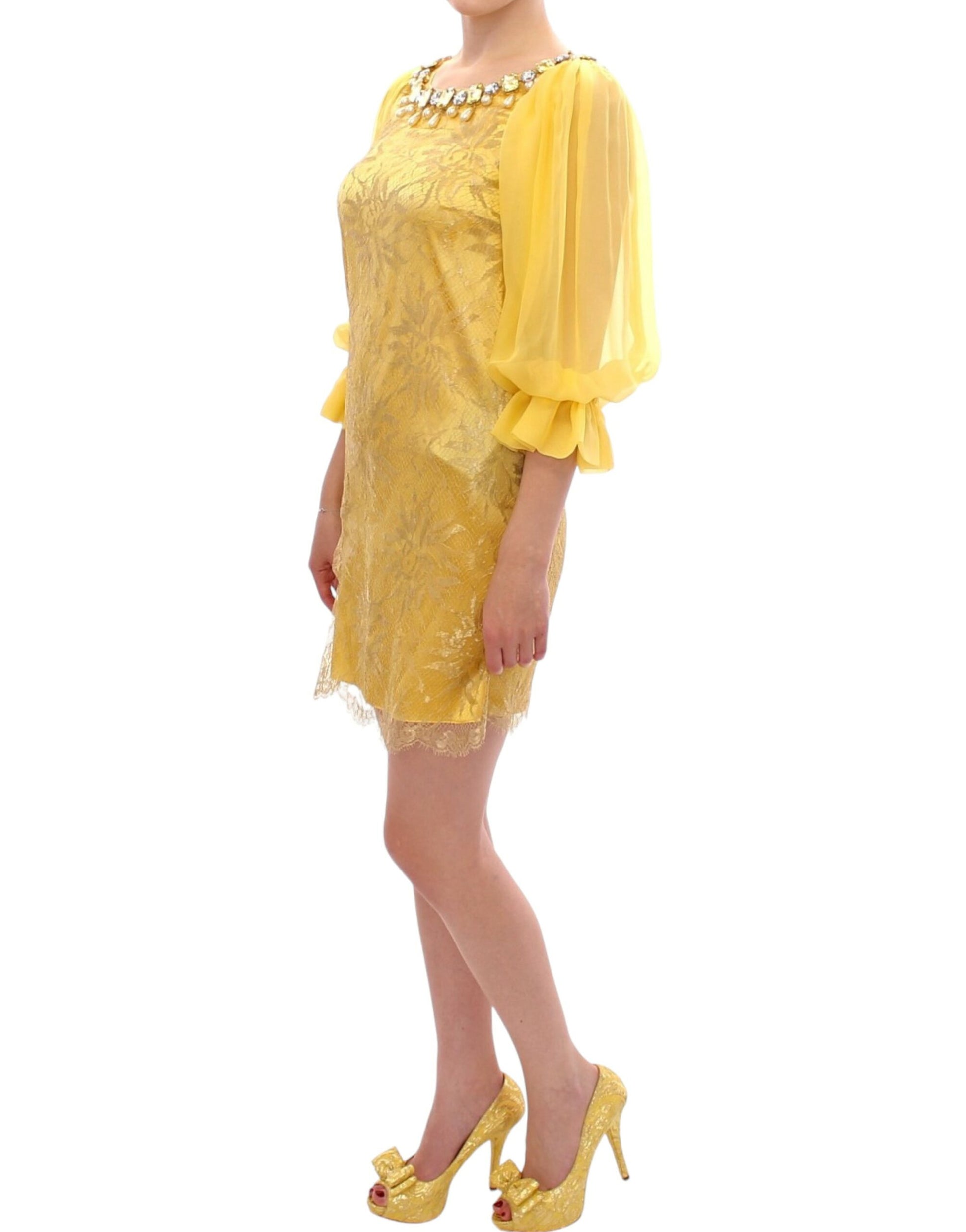 Yellow Lace Crystal Embellished Mini Dress - GlamHub Luxury and Icon Brand Clothing