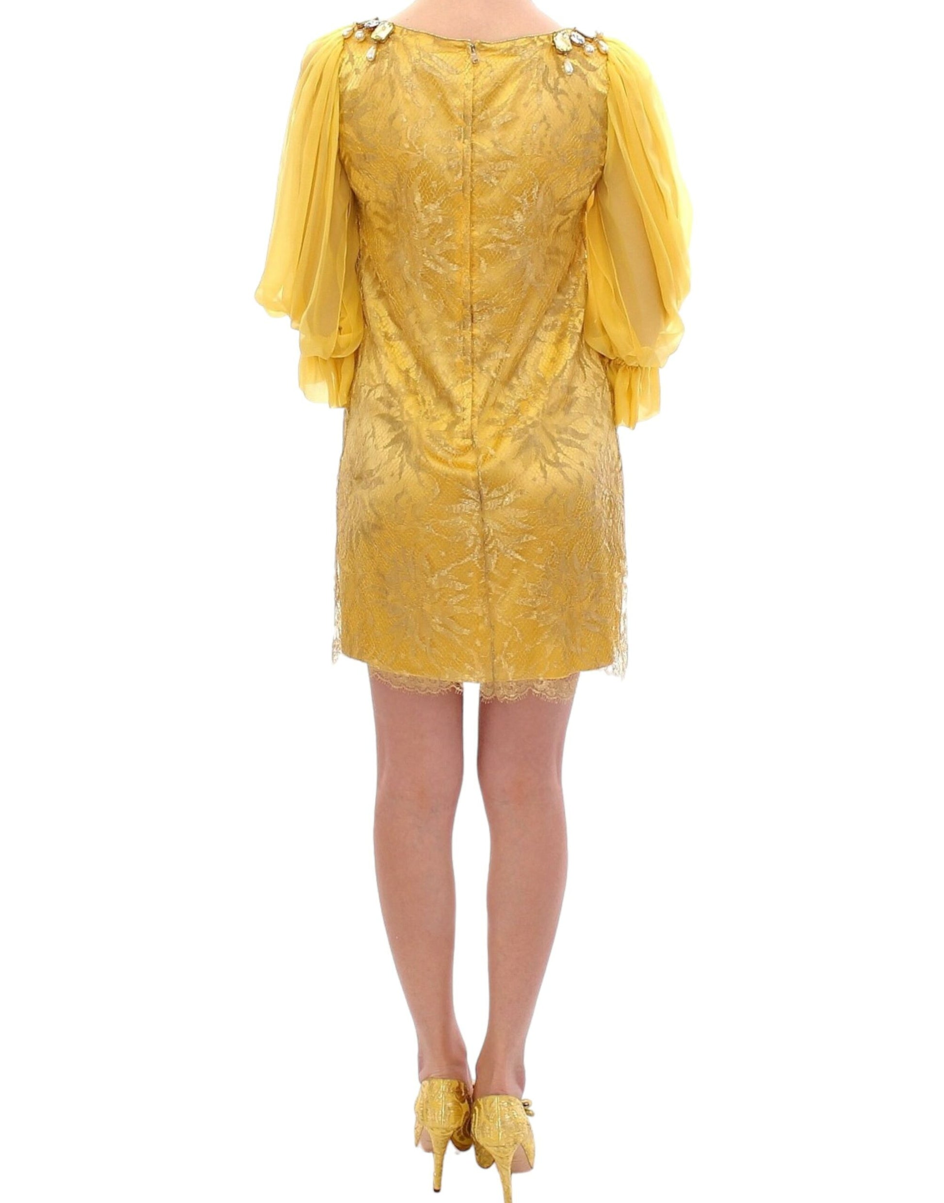 Yellow Lace Crystal Embellished Mini Dress - GlamHub Luxury and Icon Brand Clothing