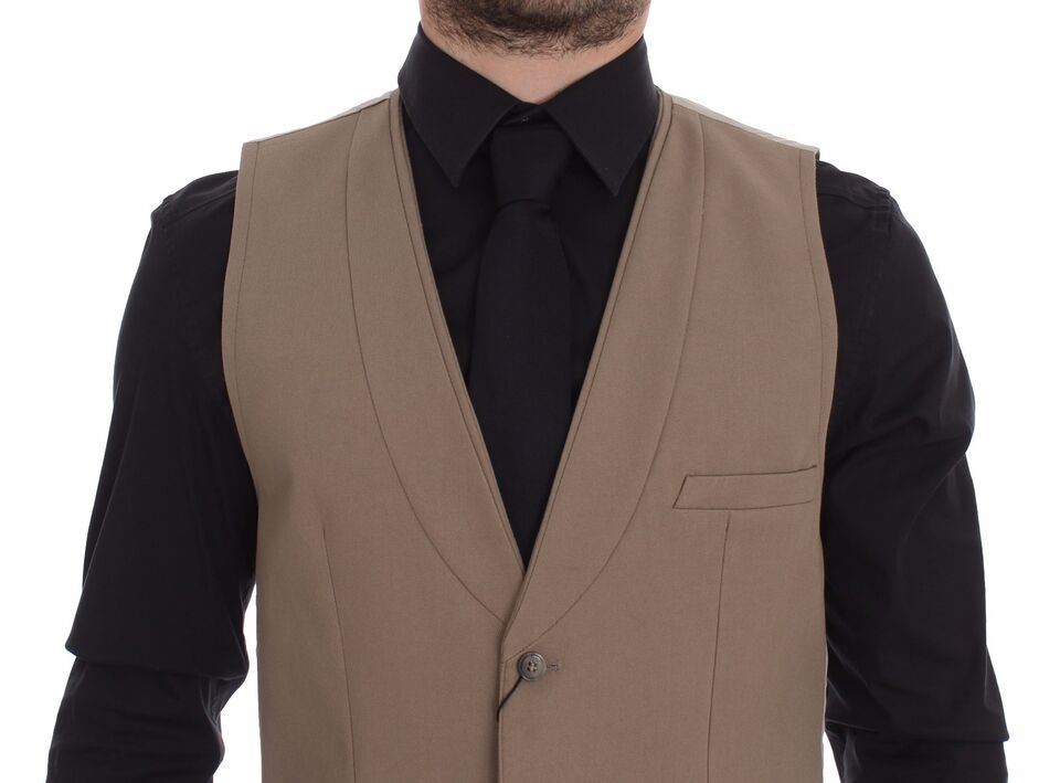 Elegant Beige Cotton Dress Vest – Slim Fit - GlamHub Luxury and Icon Brand Clothing