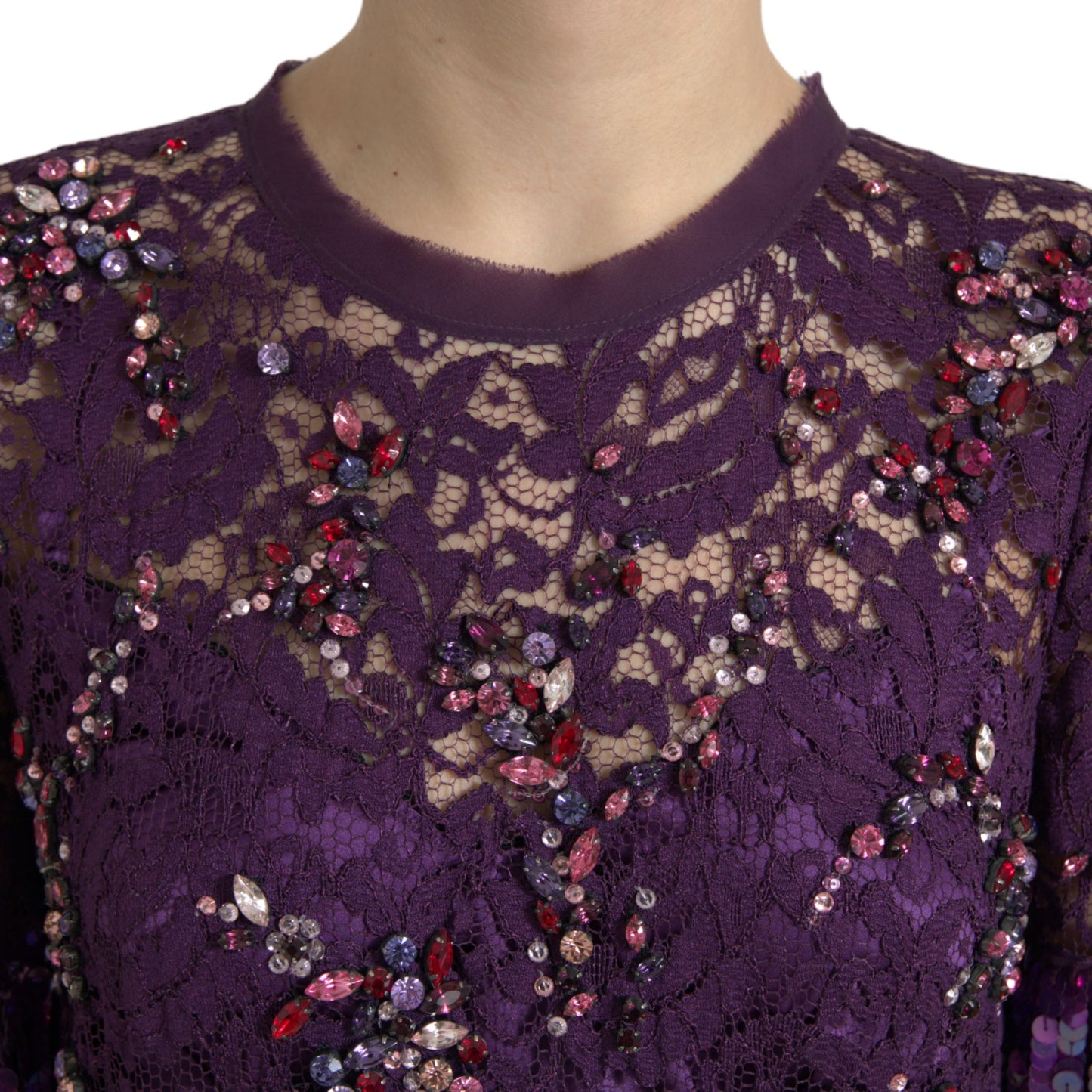 Elegant Purple Floral Lace Crystal Dress - GlamHub Luxury and Icon Brand Clothing