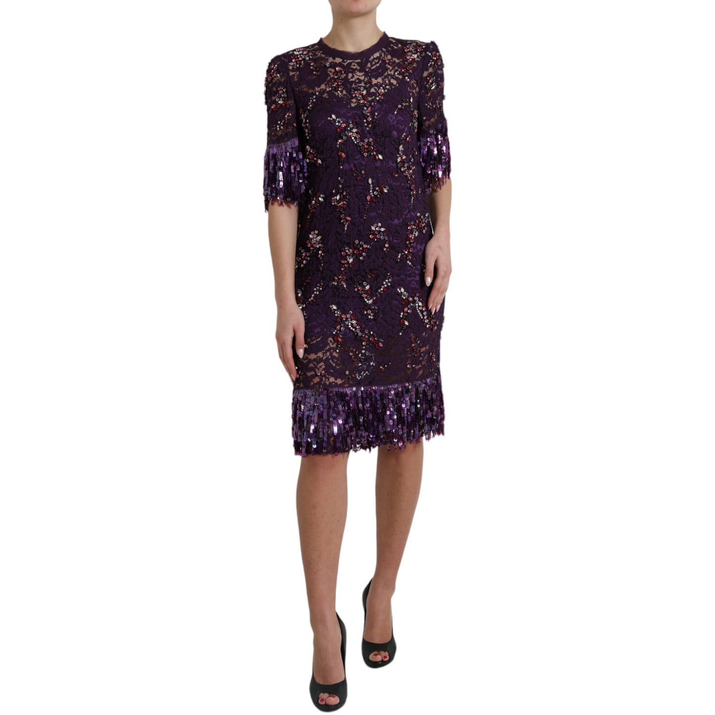 Elegant Purple Floral Lace Crystal Dress - GlamHub Luxury and Icon Brand Clothing