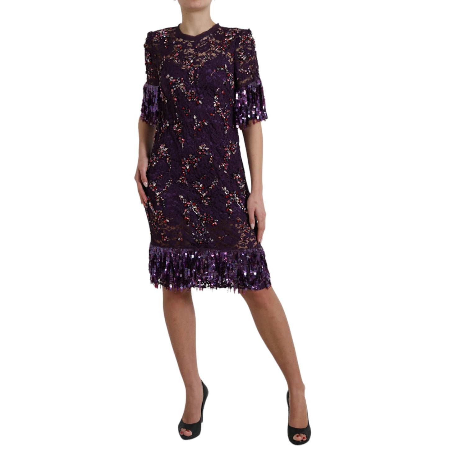 Elegant Purple Floral Lace Crystal Dress - GlamHub Luxury and Icon Brand Clothing