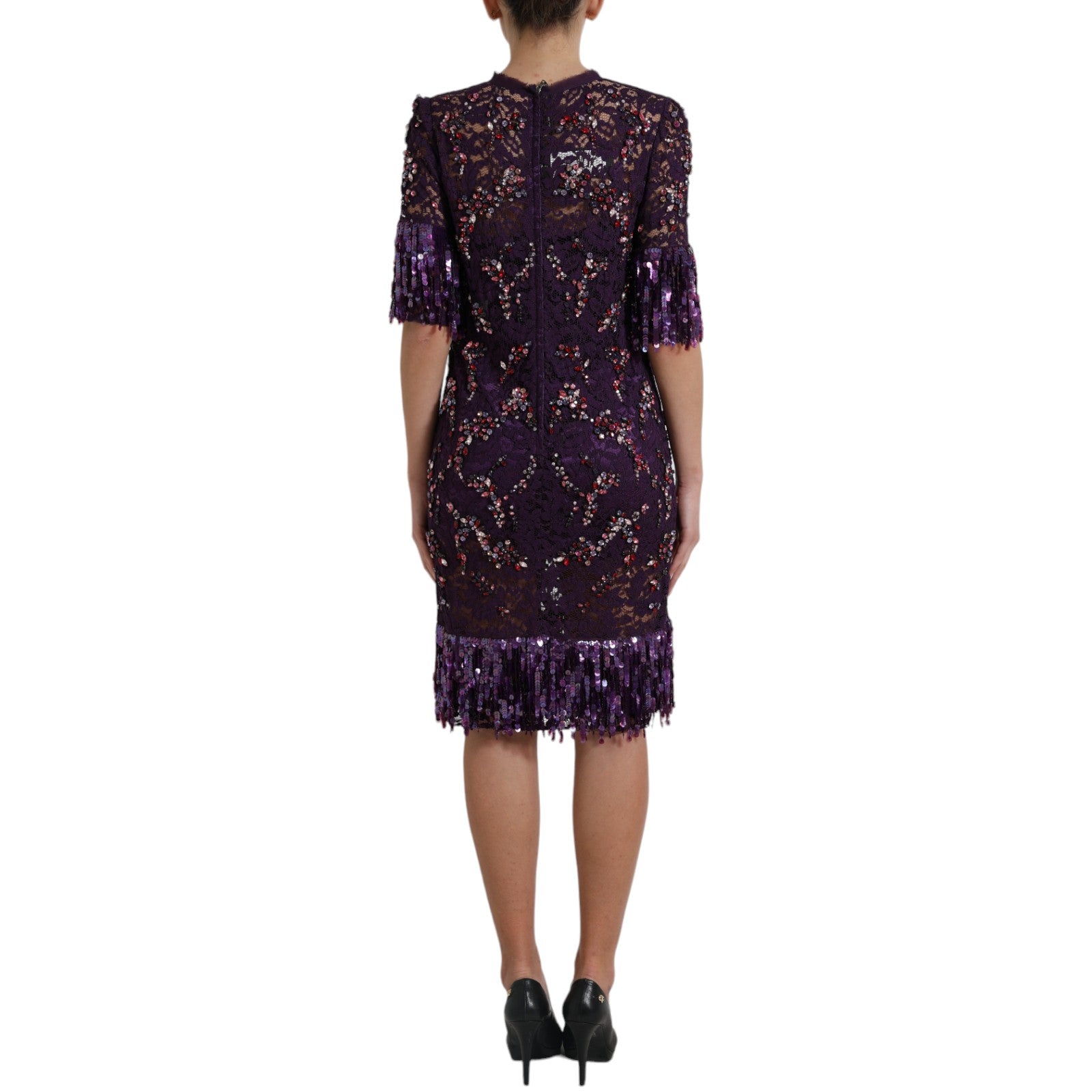 Elegant Purple Floral Lace Crystal Dress - GlamHub Luxury and Icon Brand Clothing