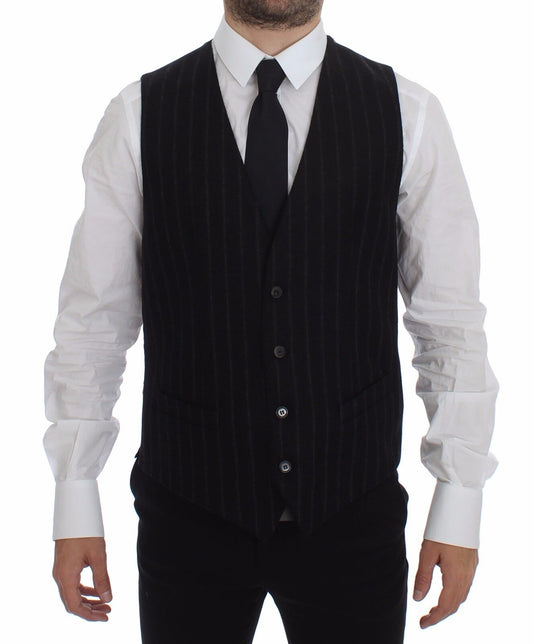 Elegant Black Striped Single Breasted Dress Vest - GlamHub Luxury and Icon Brand Clothing