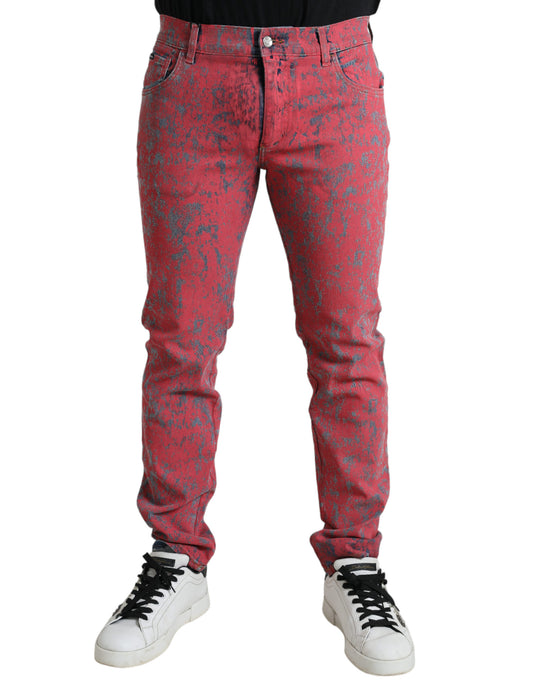 Rote Skinny-Jeans mit Batikmuster