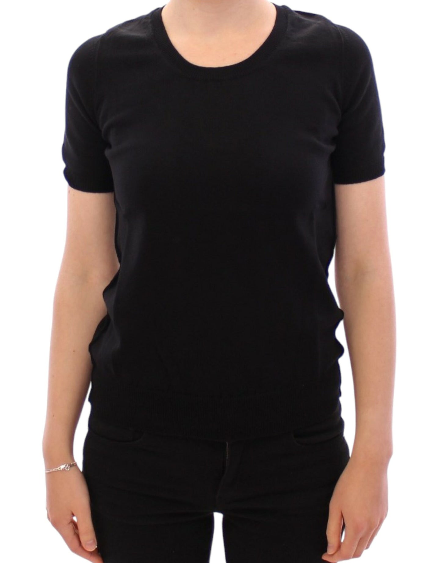 Elegant Black Cotton Crew-neck Tee - GlamHub Luxury and Icon Brand Clothing