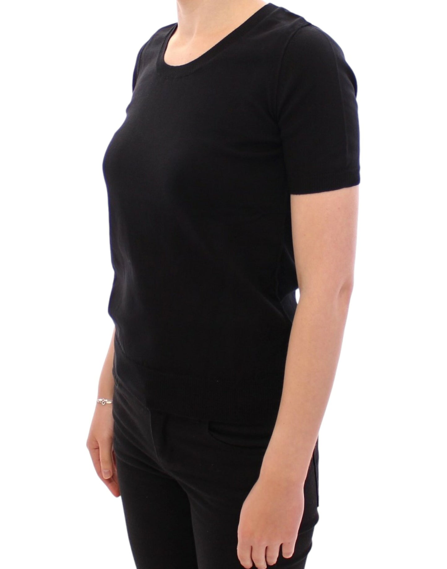 Elegant Black Cotton Crew-neck Tee - GlamHub Luxury and Icon Brand Clothing