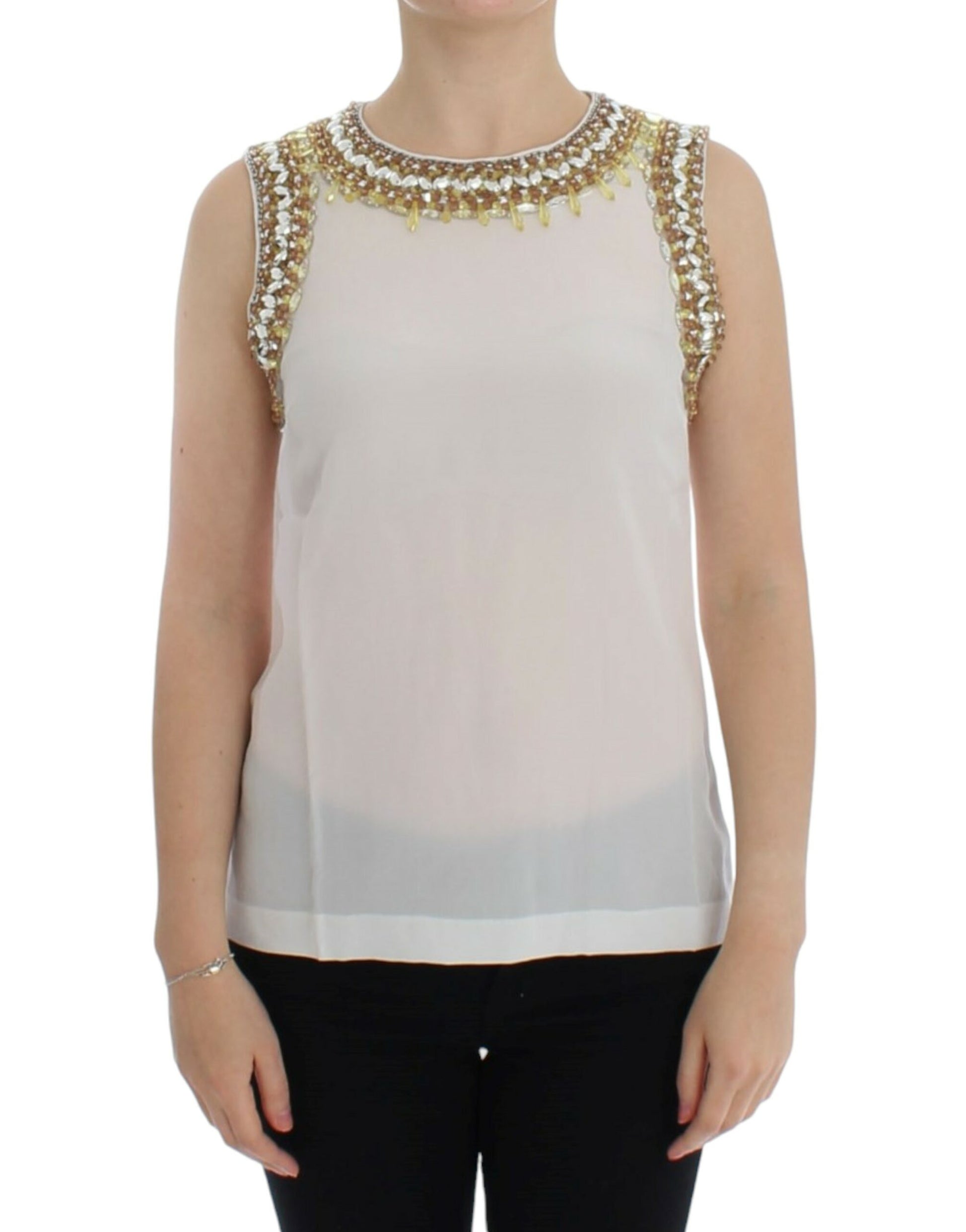 Elegant Sleeveless Silk Blouse with Crystal Embellishment - GlamHub Luxury and Icon Brand Clothing