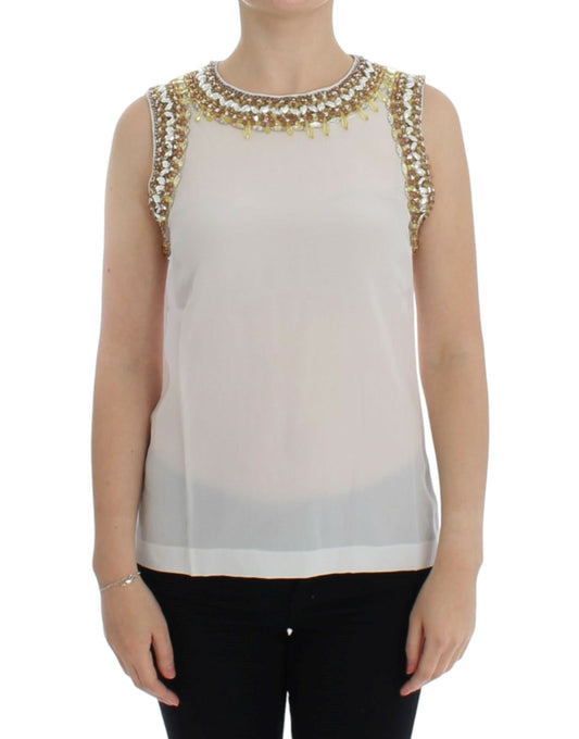 Elegant Sleeveless Silk Blouse with Crystal Embellishment - GlamHub Luxury and Icon Brand Clothing