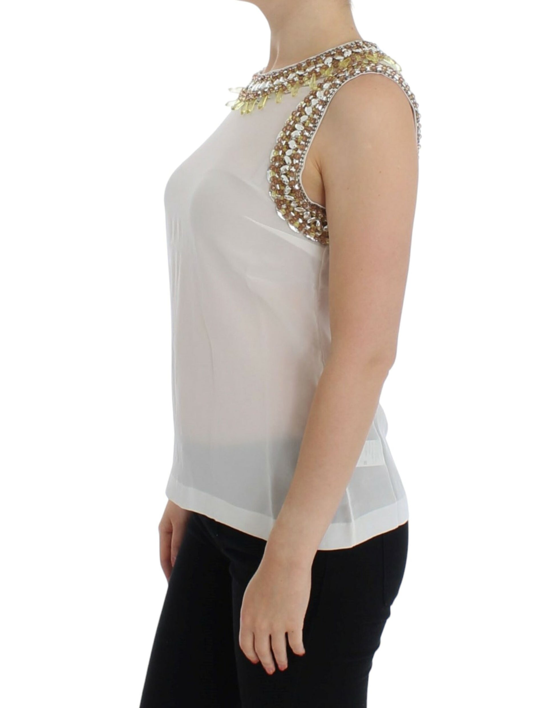 Elegant Sleeveless Silk Blouse with Crystal Embellishment - GlamHub Luxury and Icon Brand Clothing