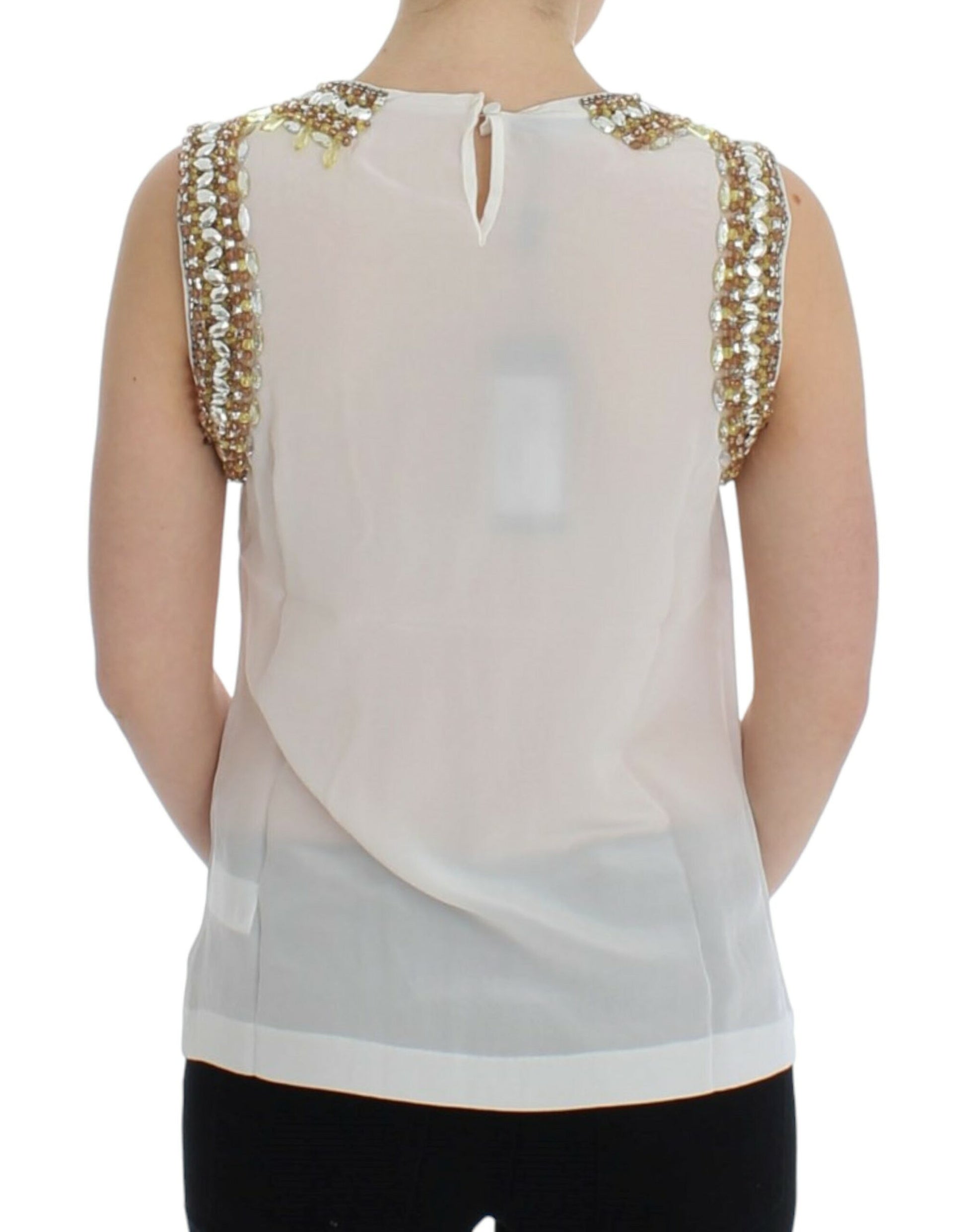 Elegant Sleeveless Silk Blouse with Crystal Embellishment - GlamHub Luxury and Icon Brand Clothing