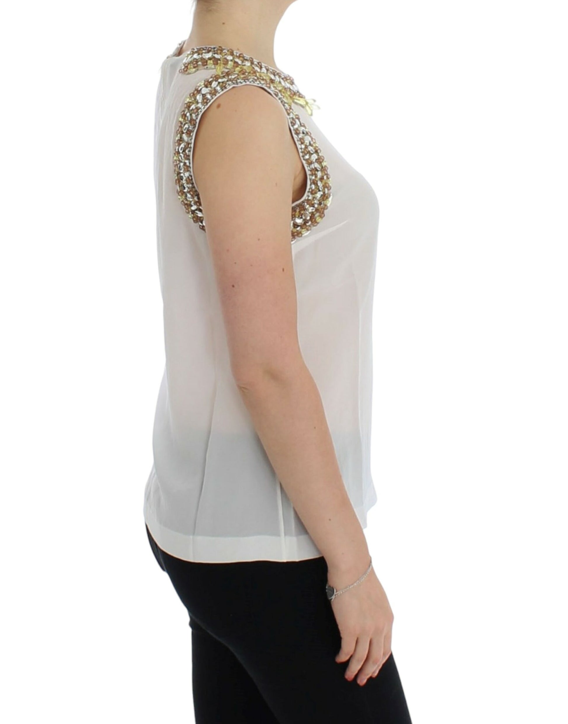 Elegant Sleeveless Silk Blouse with Crystal Embellishment - GlamHub Luxury and Icon Brand Clothing