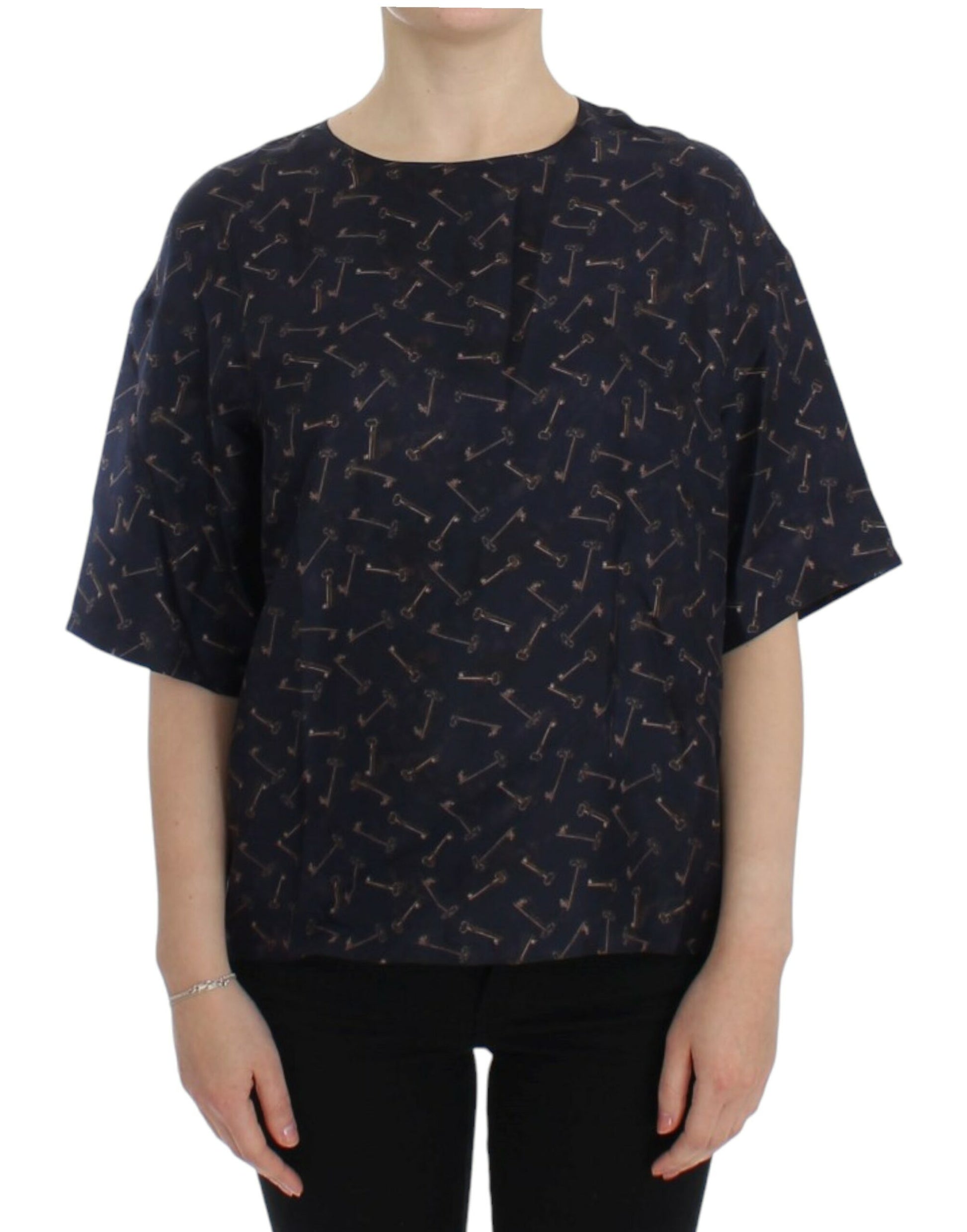 Enchanted Sicily Silk Blouse with Gold Keys Print - GlamHub Luxury and Icon Brand Clothing