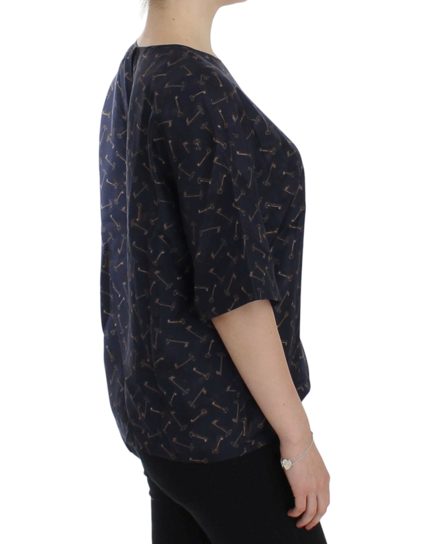 Enchanted Sicily Silk Blouse with Gold Keys Print - GlamHub Luxury and Icon Brand Clothing