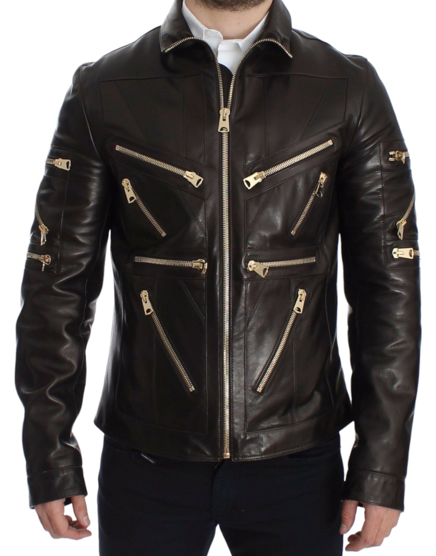 Elegant Brown Gold-Detailed Leather Jacket - GlamHub Luxury and Icon Brand Clothing