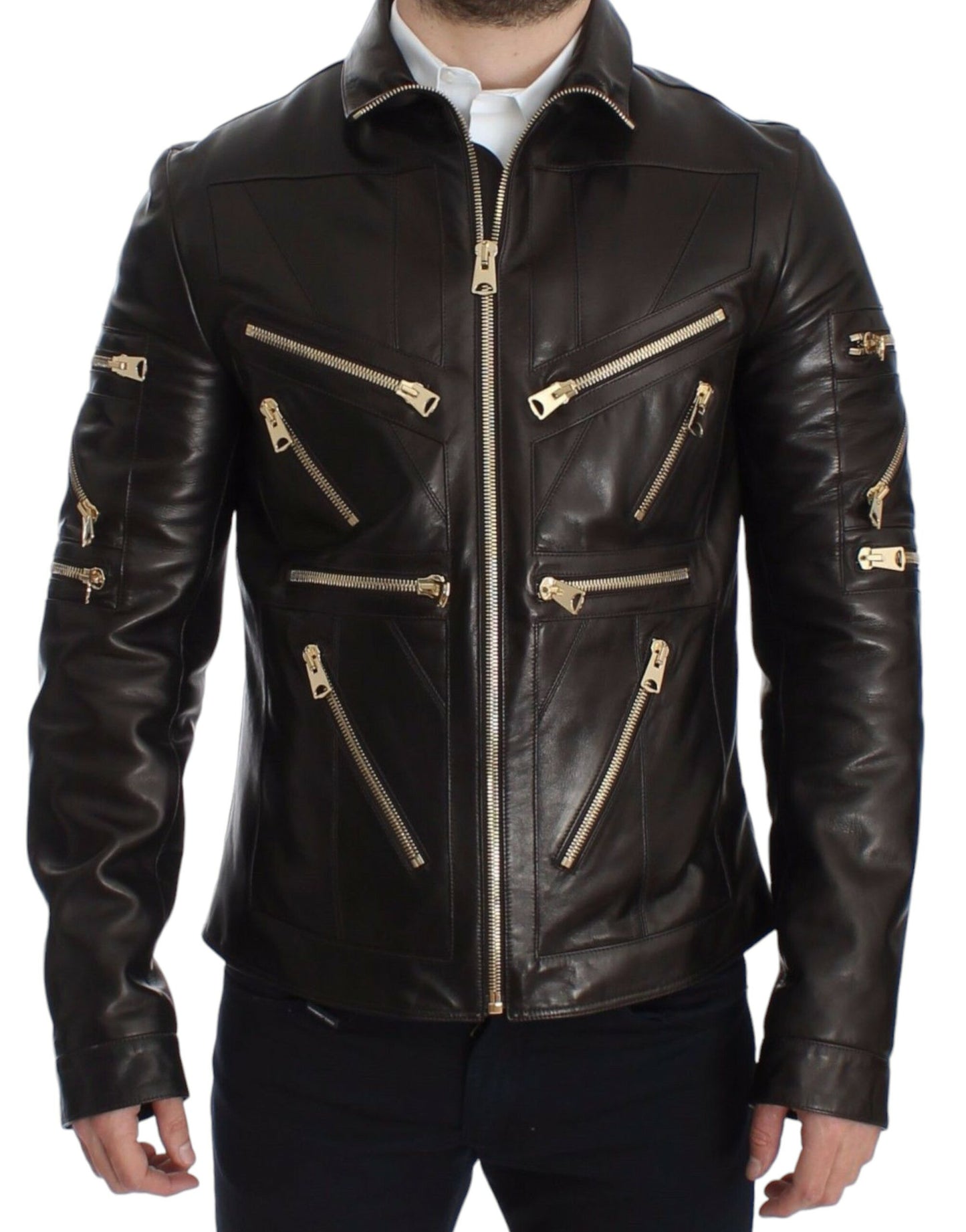 Elegant Brown Gold-Detailed Leather Jacket - GlamHub Luxury and Icon Brand Clothing