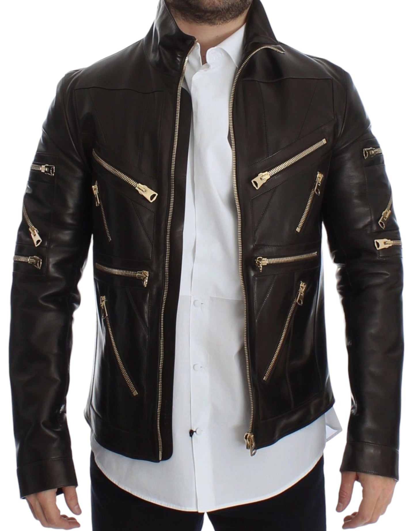 Elegant Brown Gold-Detailed Leather Jacket - GlamHub Luxury and Icon Brand Clothing