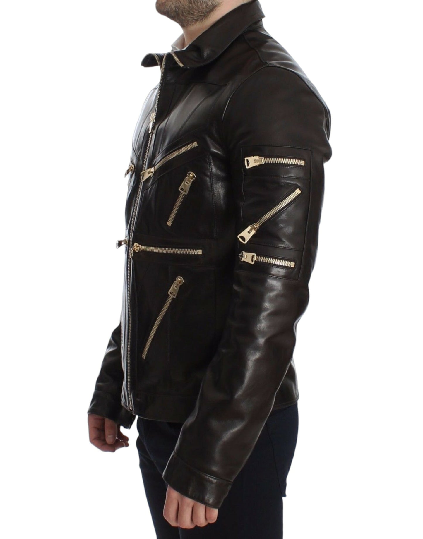 Elegant Brown Gold-Detailed Leather Jacket - GlamHub Luxury and Icon Brand Clothing