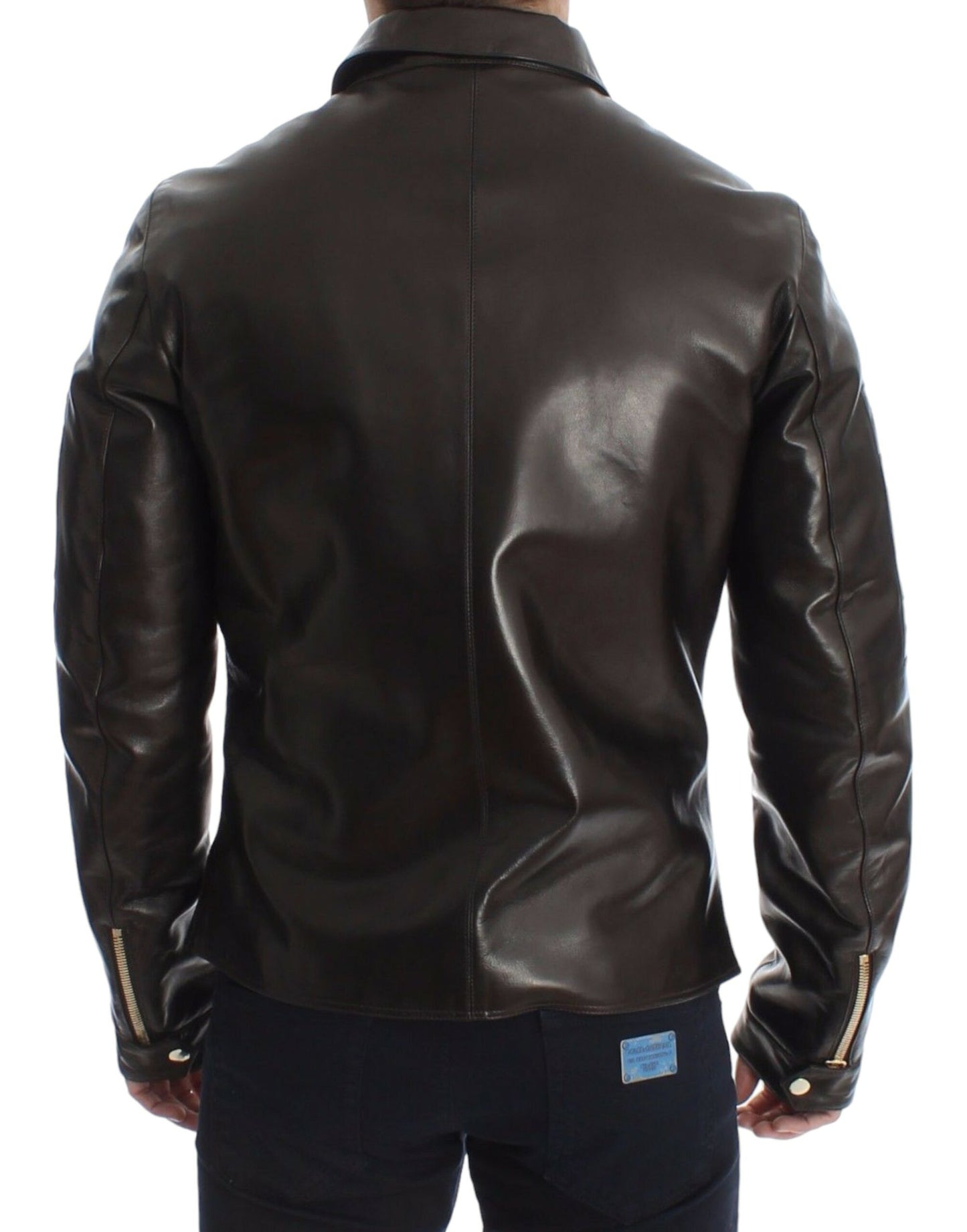 Elegant Brown Gold-Detailed Leather Jacket - GlamHub Luxury and Icon Brand Clothing