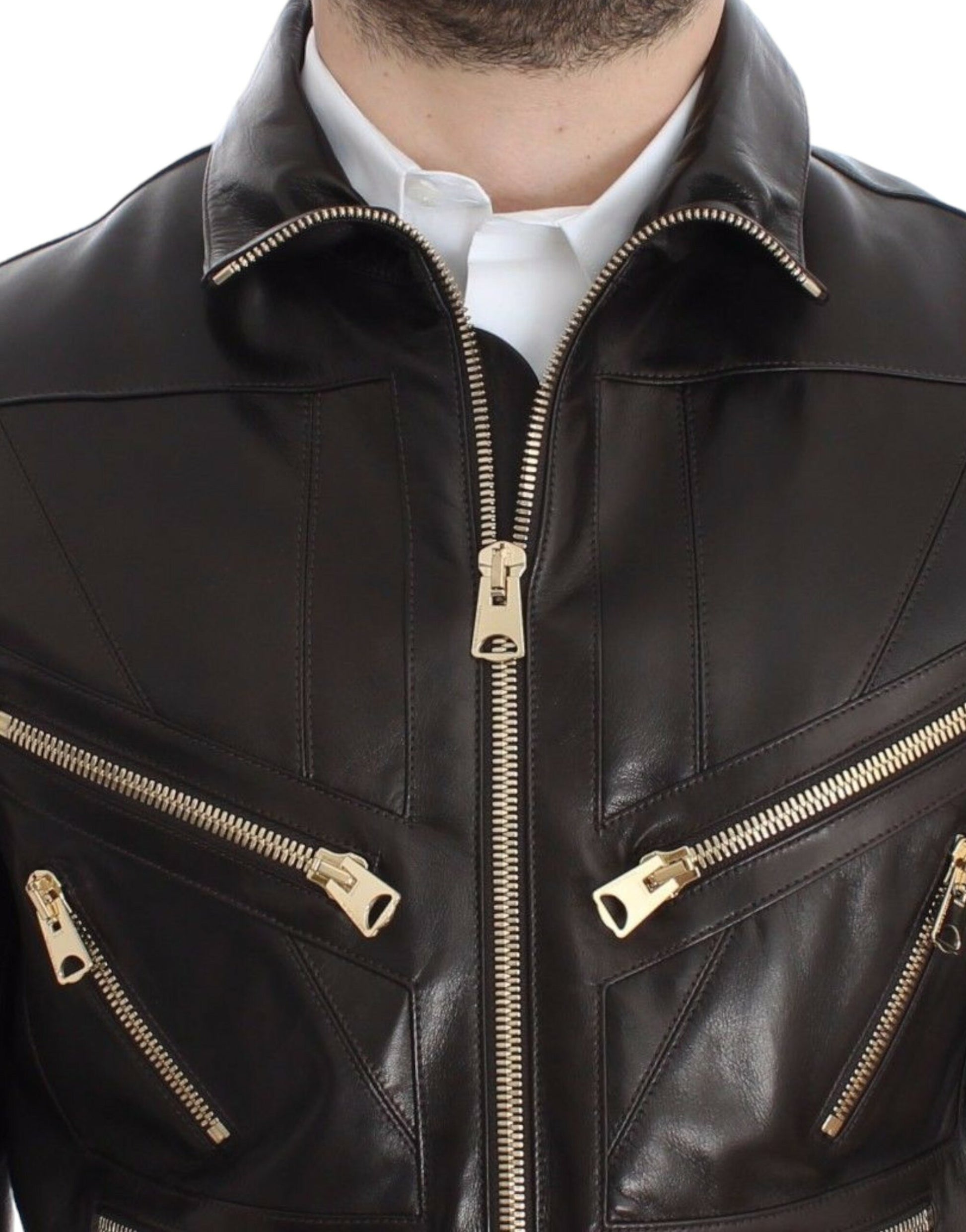 Elegant Brown Gold-Detailed Leather Jacket - GlamHub Luxury and Icon Brand Clothing