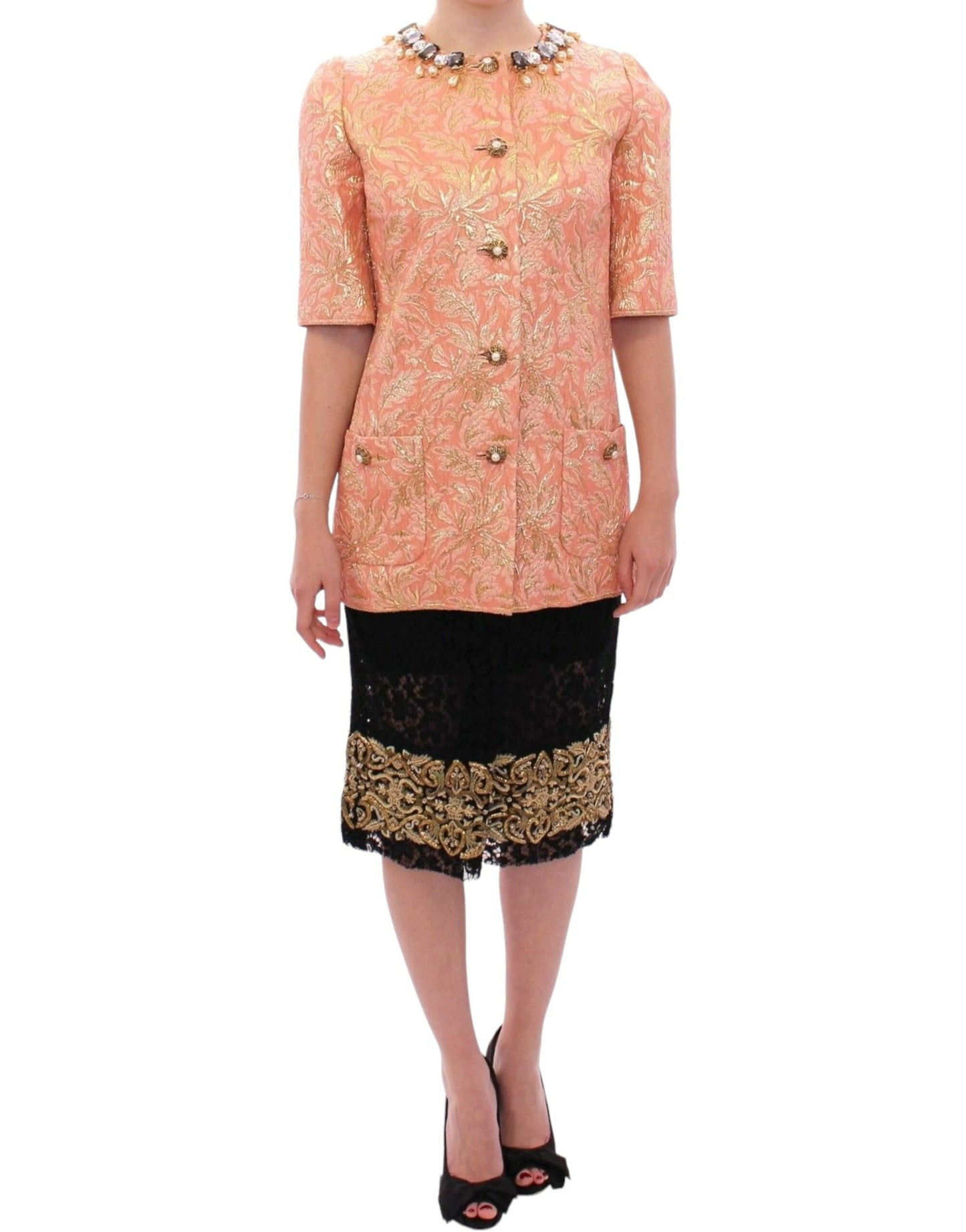 Exclusive Crystal Brocade Coat Jacket - GlamHub Luxury and Icon Brand Clothing