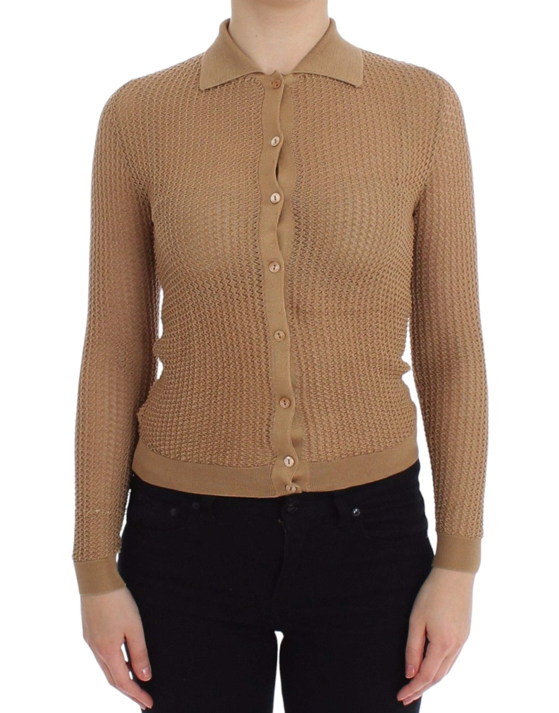 Beige Knitted Cotton Polo Cardigan Sweater - GlamHub Luxury and Icon Brand Clothing