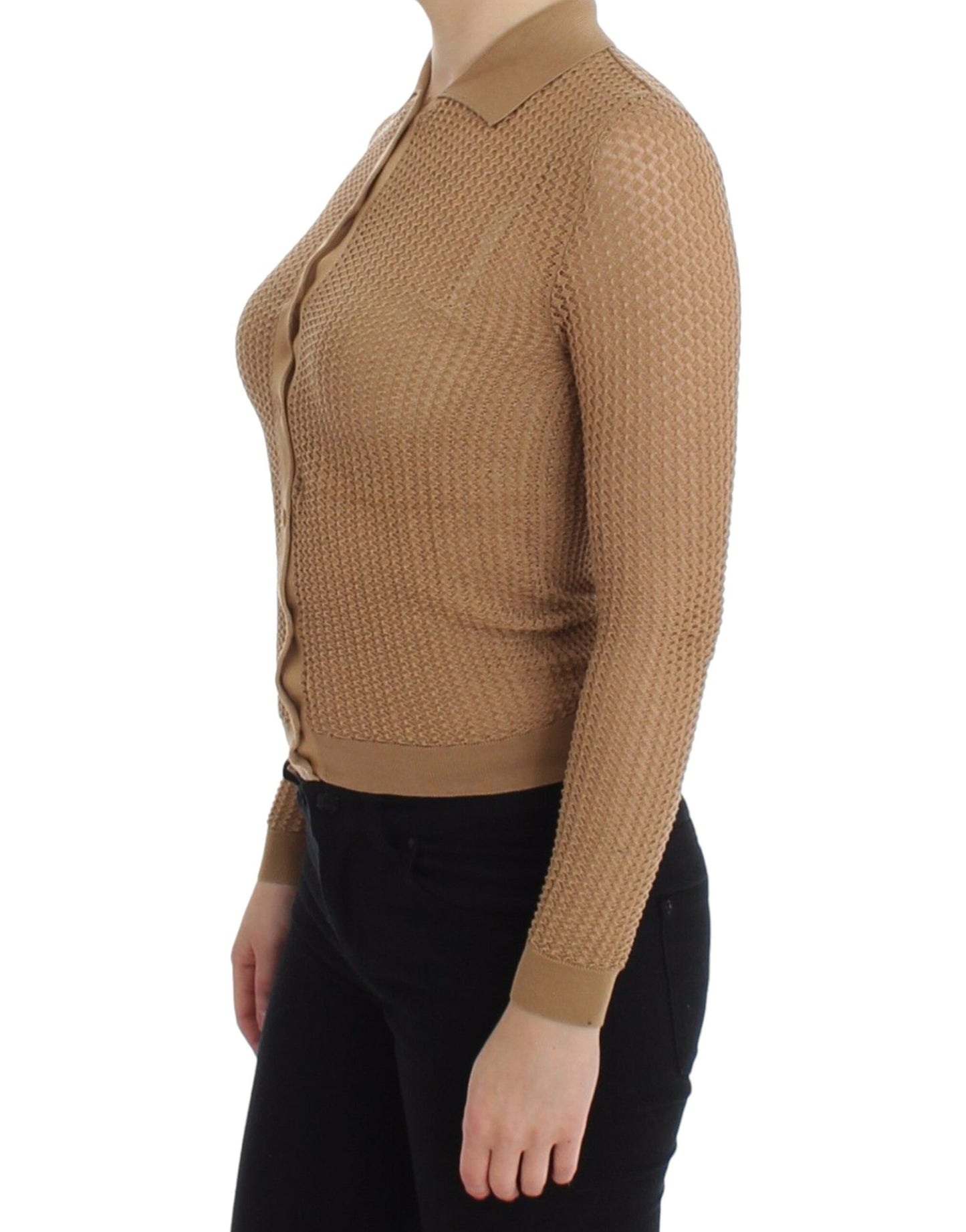 Beige Knitted Cotton Polo Cardigan Sweater - GlamHub Luxury and Icon Brand Clothing