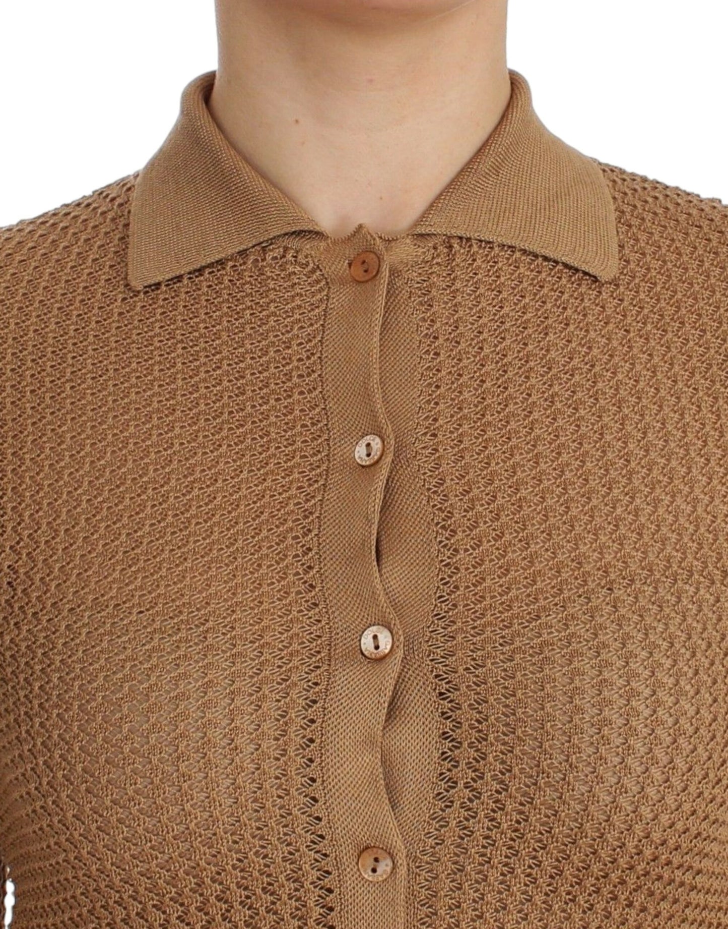 Beige Knitted Cotton Polo Cardigan Sweater - GlamHub Luxury and Icon Brand Clothing