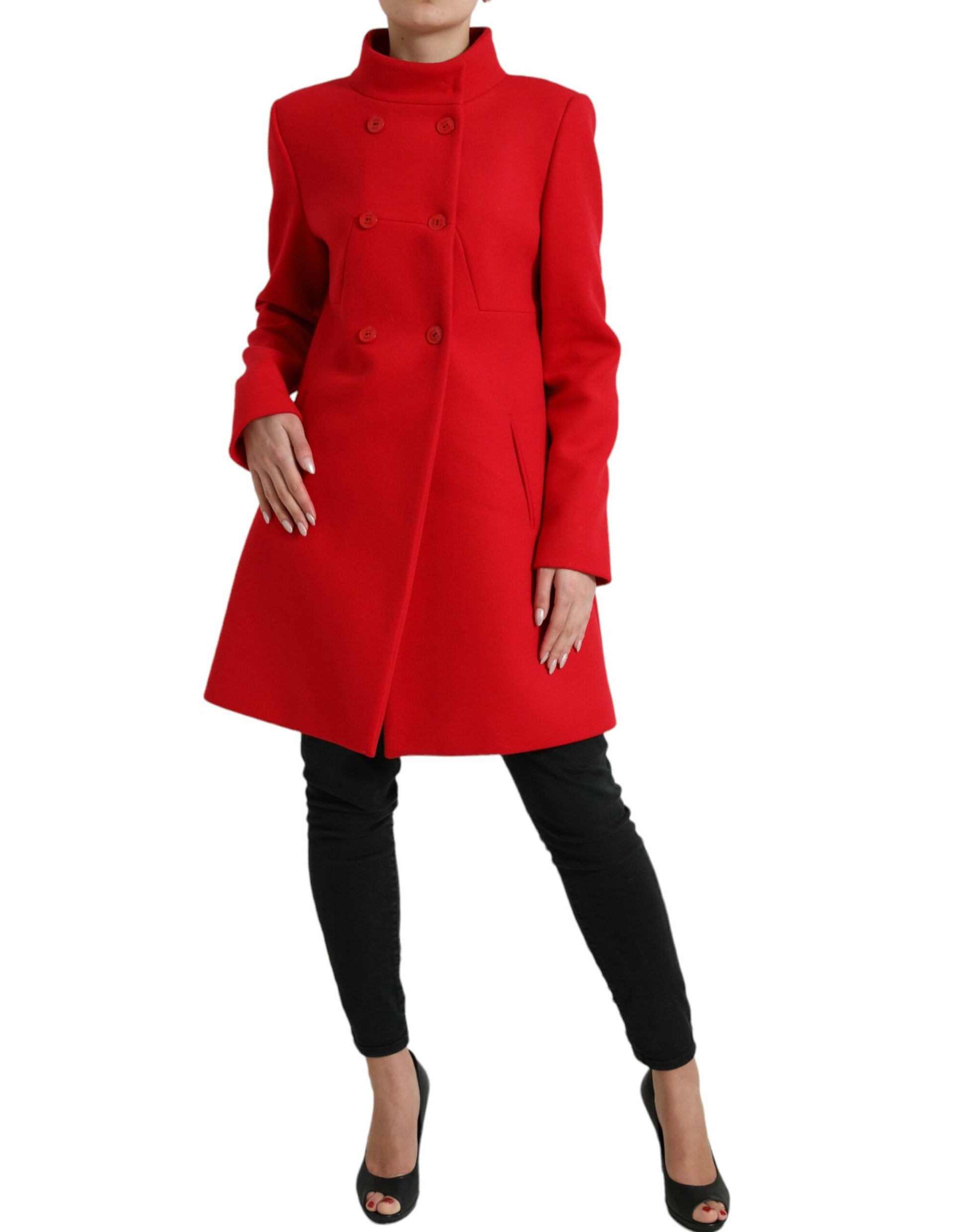 Elegant Red Double Breasted Long Coat - GlamHub Luxury and Icon Brand Clothing