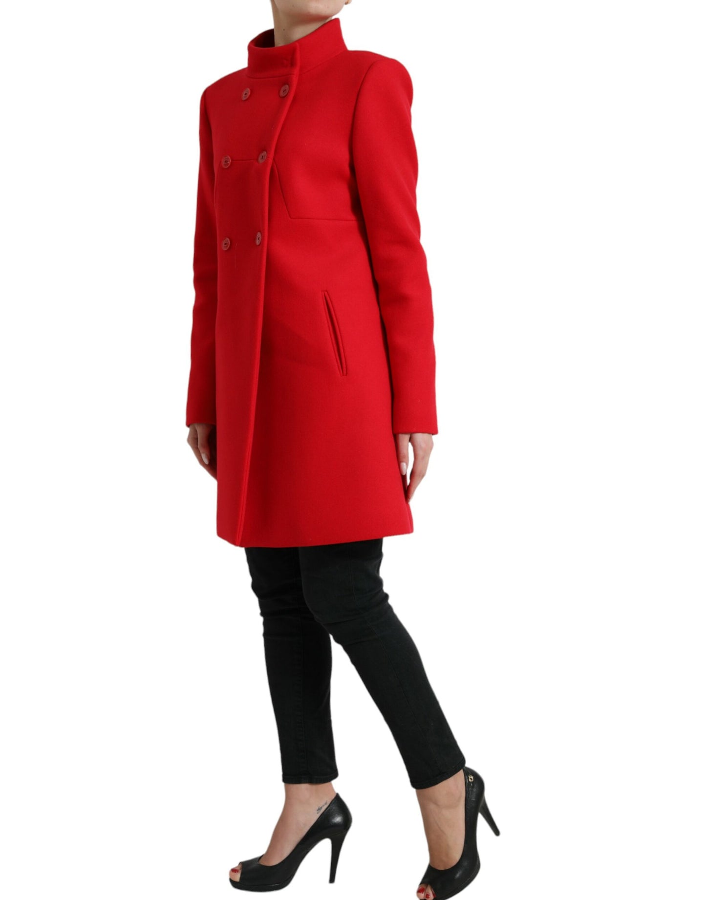 Elegant Red Double Breasted Long Coat - GlamHub Luxury and Icon Brand Clothing