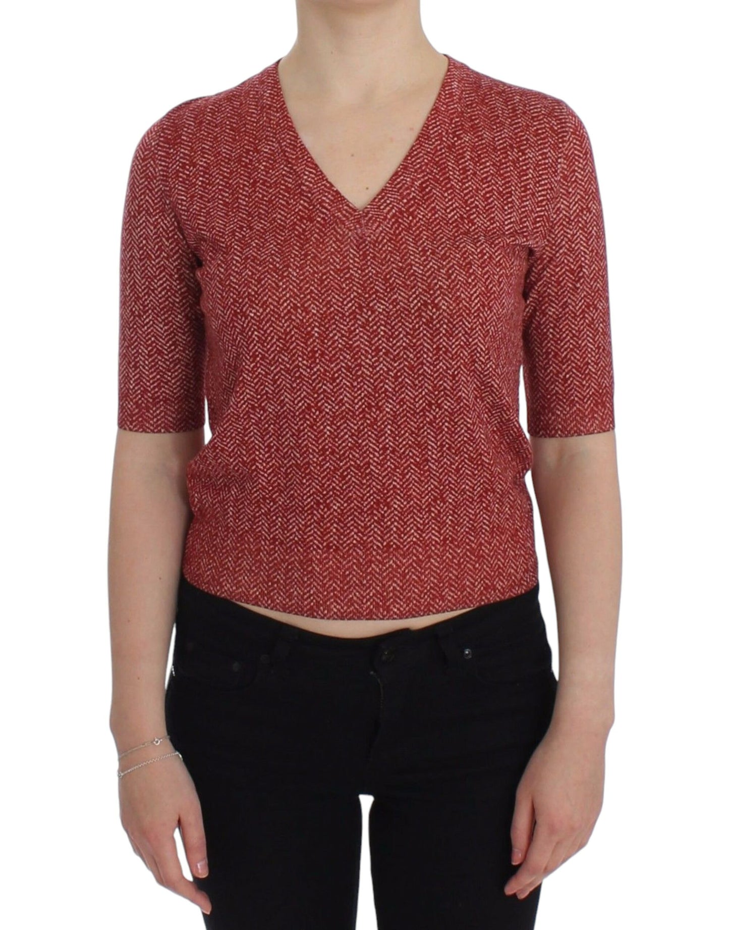 Enchanting Red Tweed V-Neck Sweater - GlamHub Luxury and Icon Brand Clothing