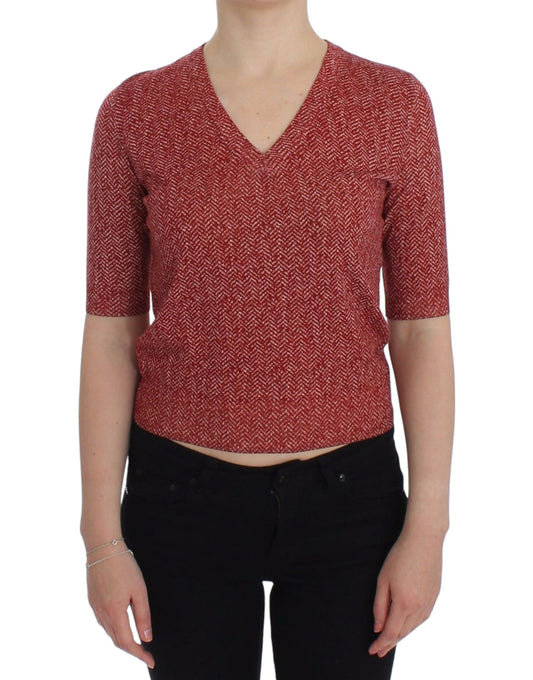 Enchanting Red Tweed V-Neck Sweater - GlamHub Luxury and Icon Brand Clothing