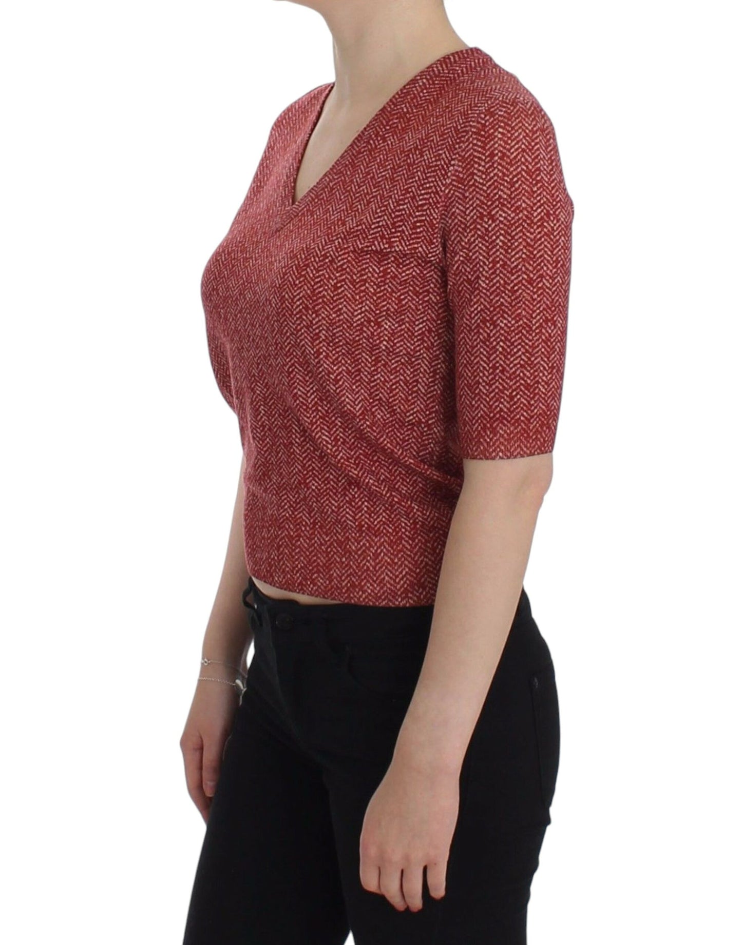 Enchanting Red Tweed V-Neck Sweater - GlamHub Luxury and Icon Brand Clothing