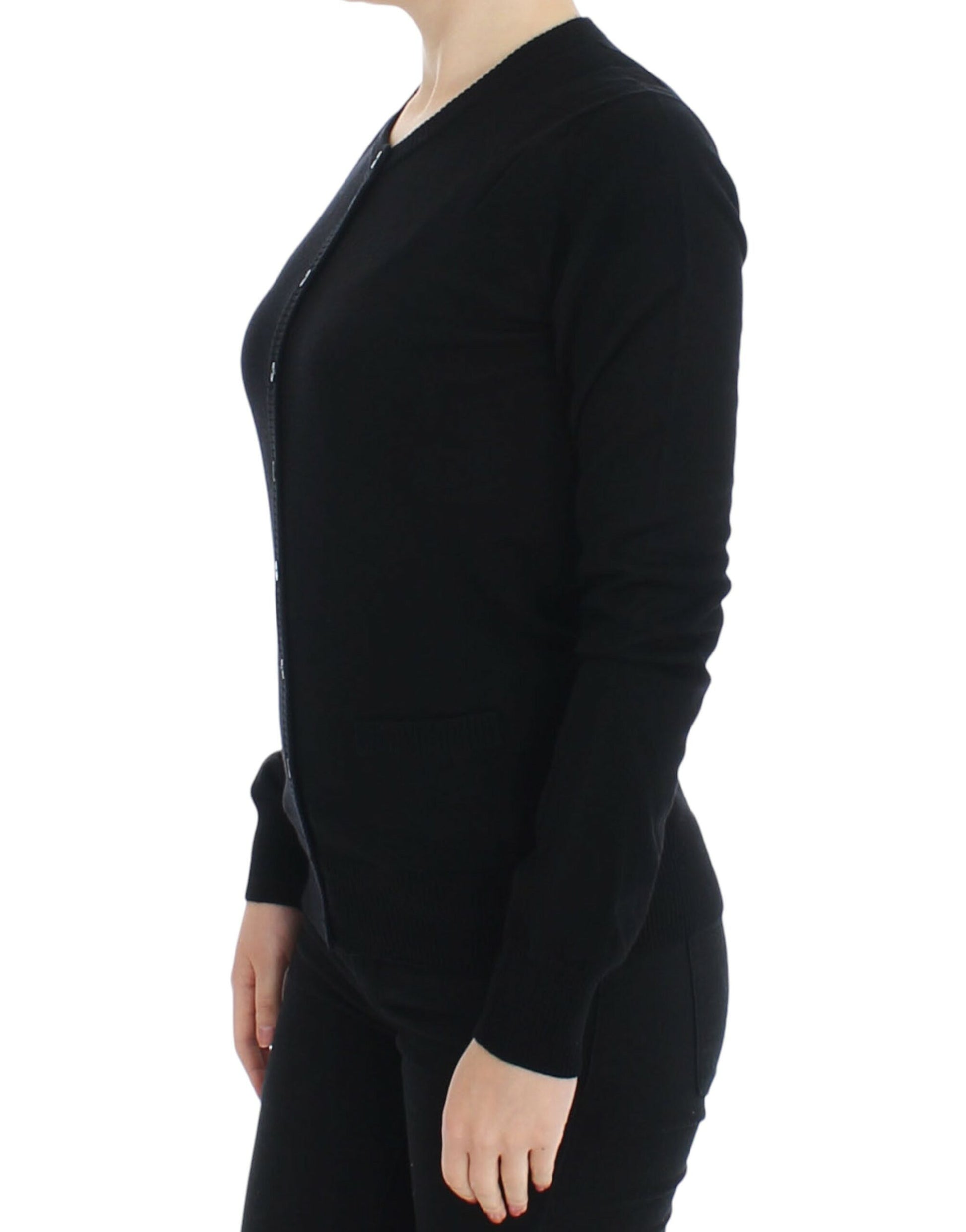 Elegant Black Wool Cardigan Sweater - GlamHub Luxury and Icon Brand Clothing