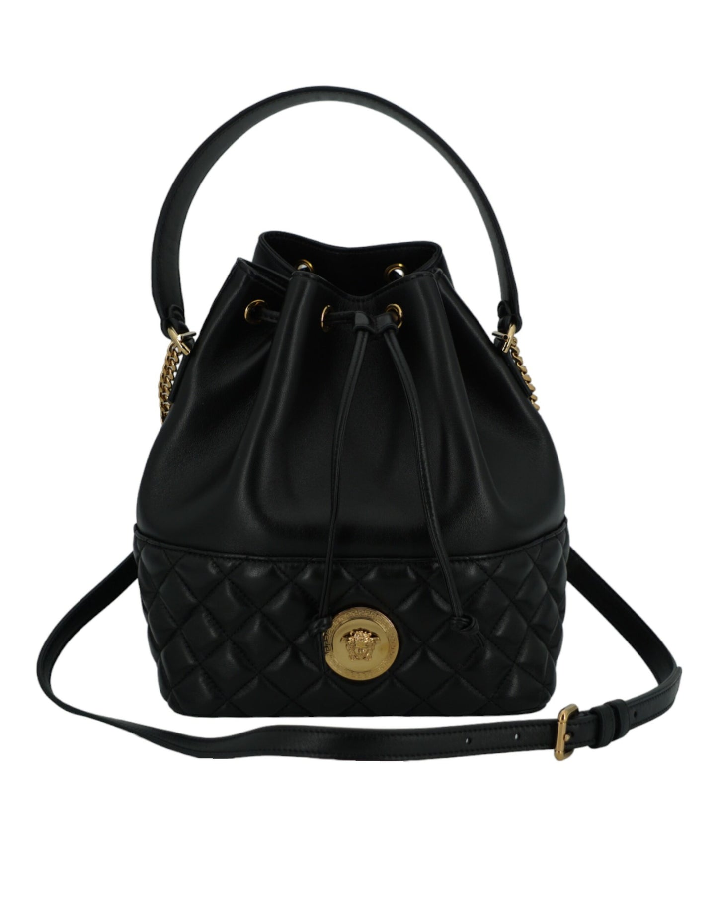 Elegant Black Leather Medusa Bucket Shoulder Bag - GLAMHUB BOUTIQUE 