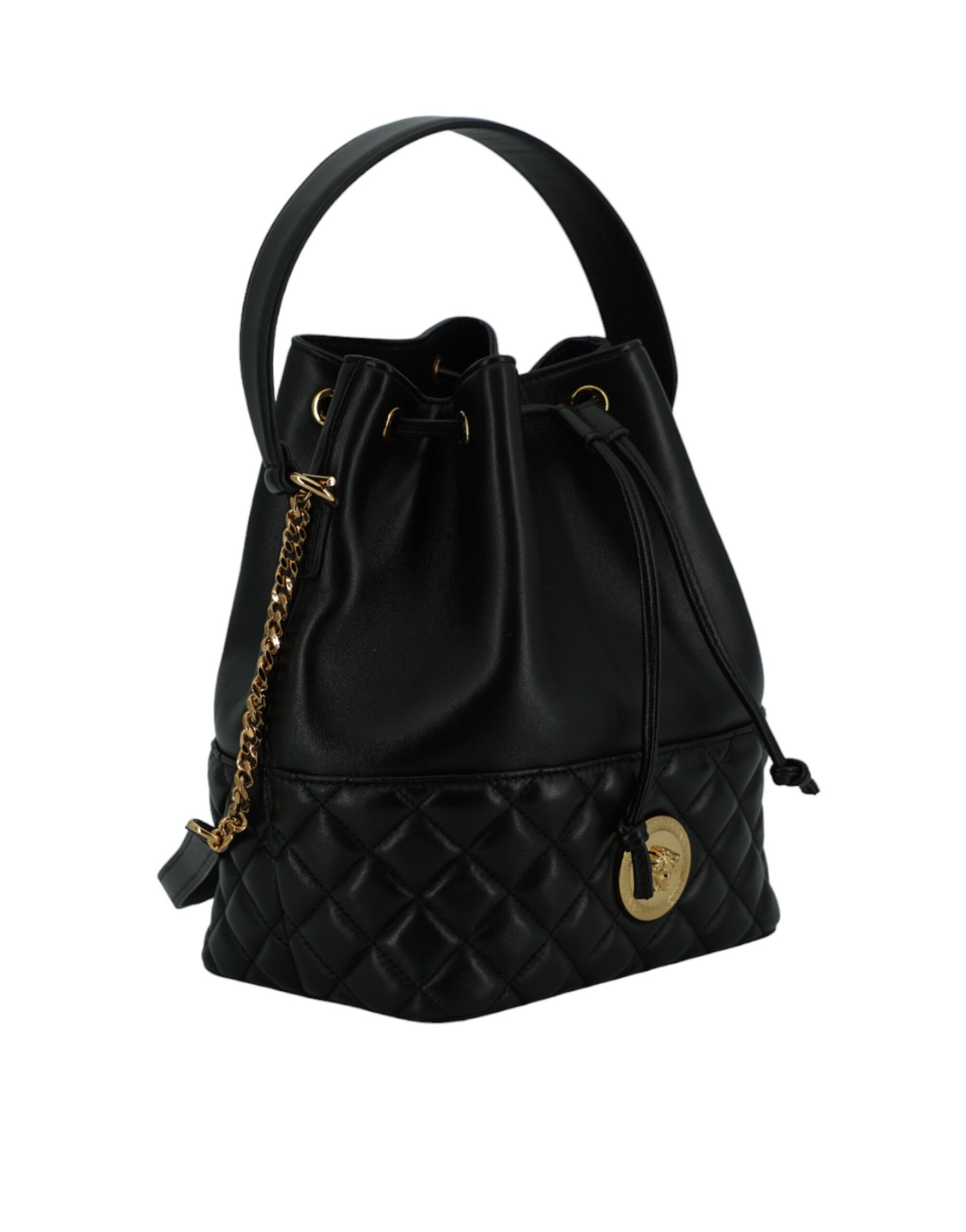 Elegant Black Leather Medusa Bucket Shoulder Bag - GLAMHUB BOUTIQUE 