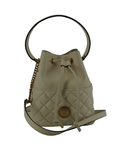 Elegant Small White Leather Bucket Shoulder Bag - GLAMHUB BOUTIQUE 