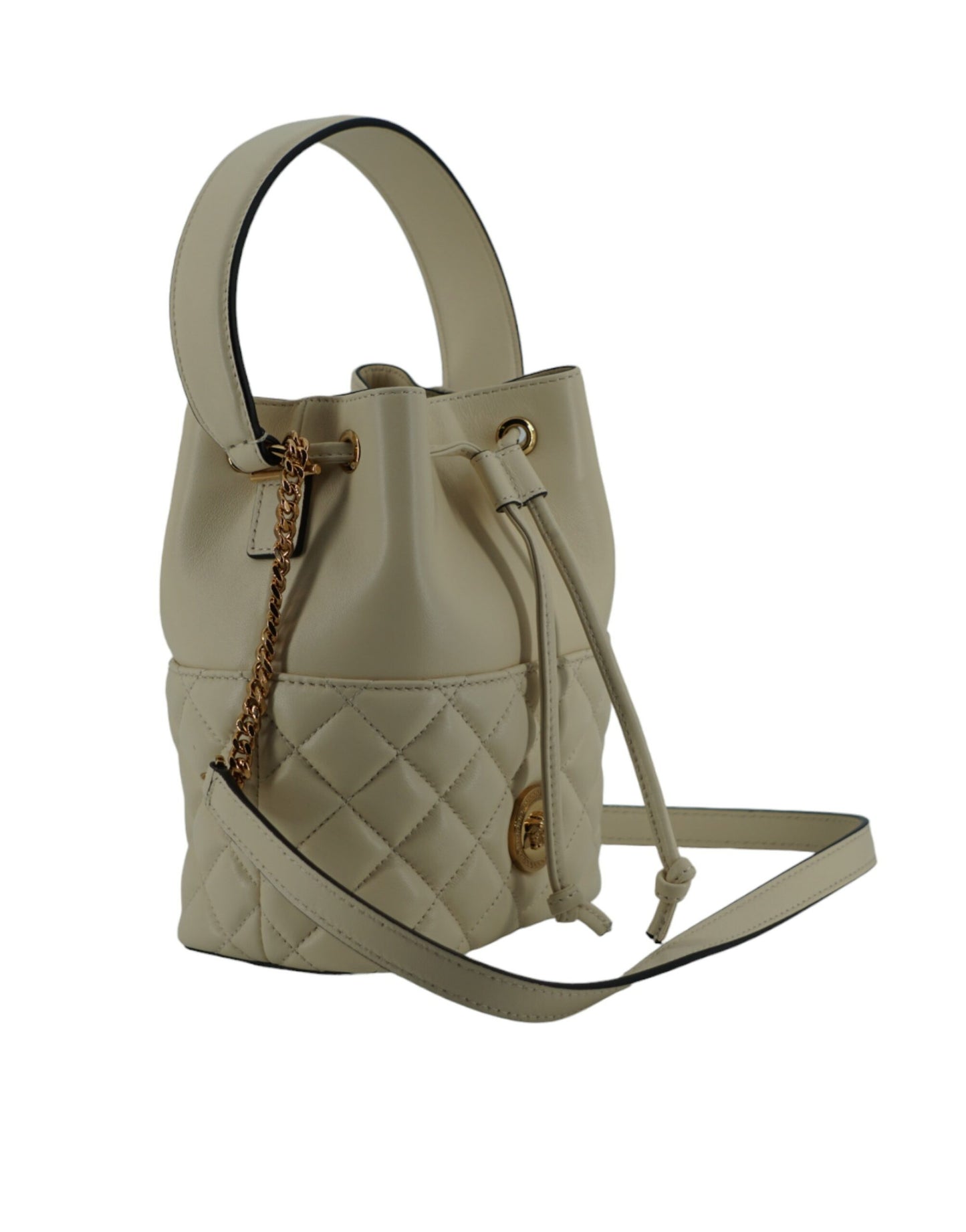 Elegant Small White Leather Bucket Shoulder Bag - GLAMHUB BOUTIQUE 