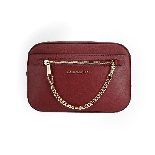 Jet Set East West Large Dark Cherry Leather Zip Chain Crossbody Bag - GLAMHUB BOUTIQUE 