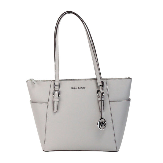 Charlotte Pearl Grey Large Leather Top Zip Tote Bag Purse - GLAMHUB BOUTIQUE 