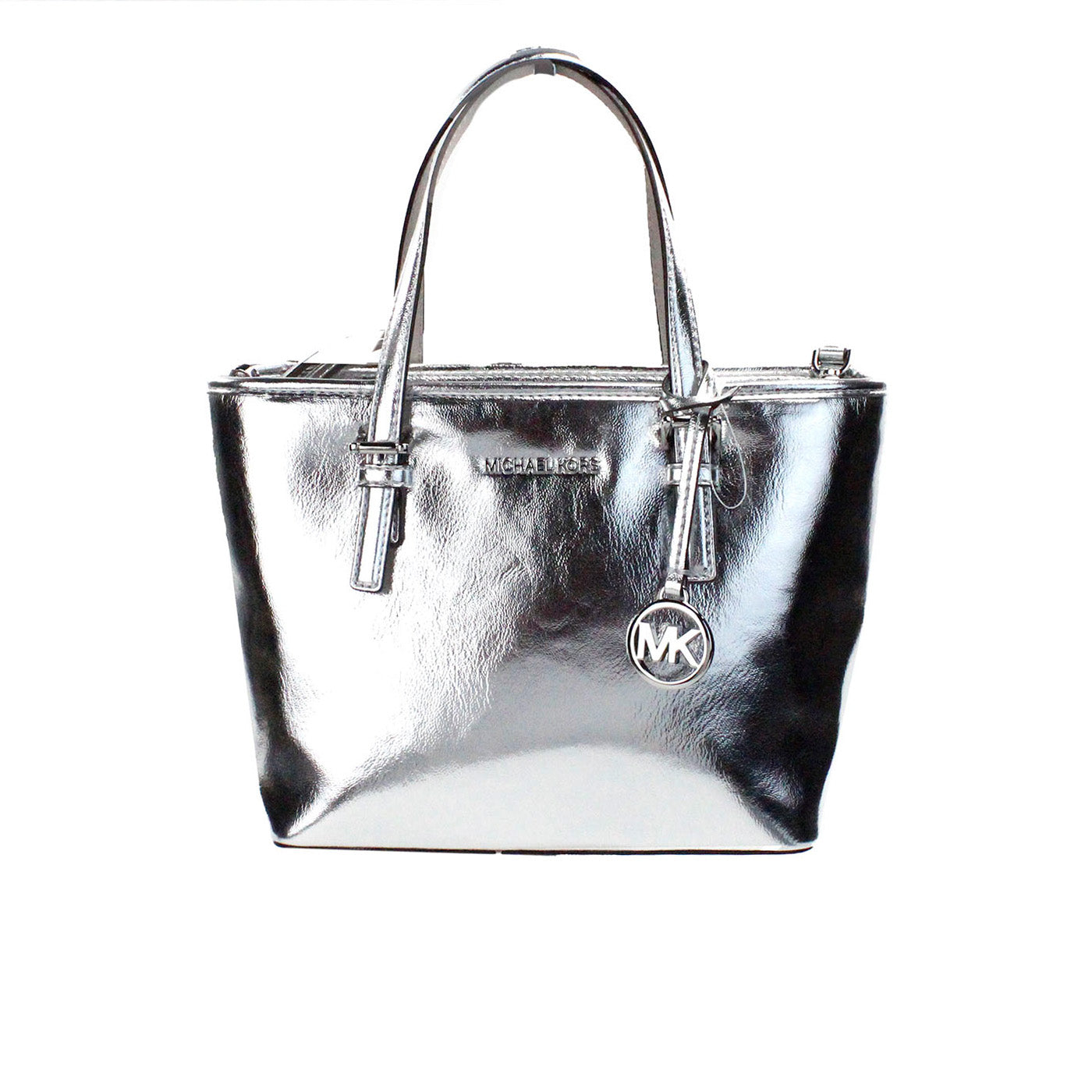 Jet Set Silver Metallic XS Carryall Top Zip Tote Bag Purse - GLAMHUB BOUTIQUE 