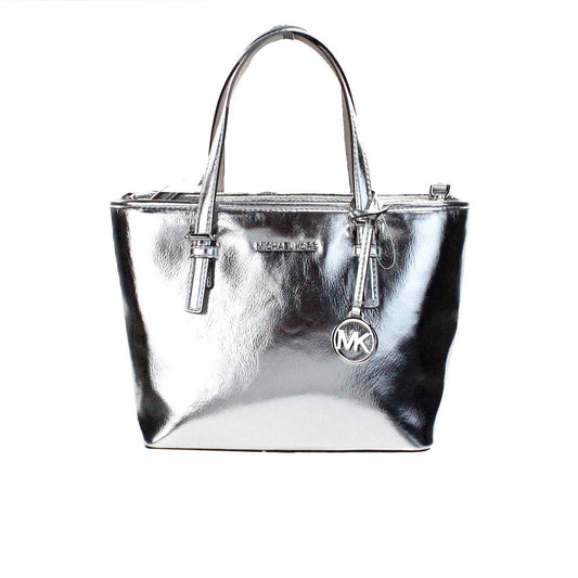 Jet Set Silver Metallic XS Carryall Top Zip Tote Bag Purse - GLAMHUB BOUTIQUE 