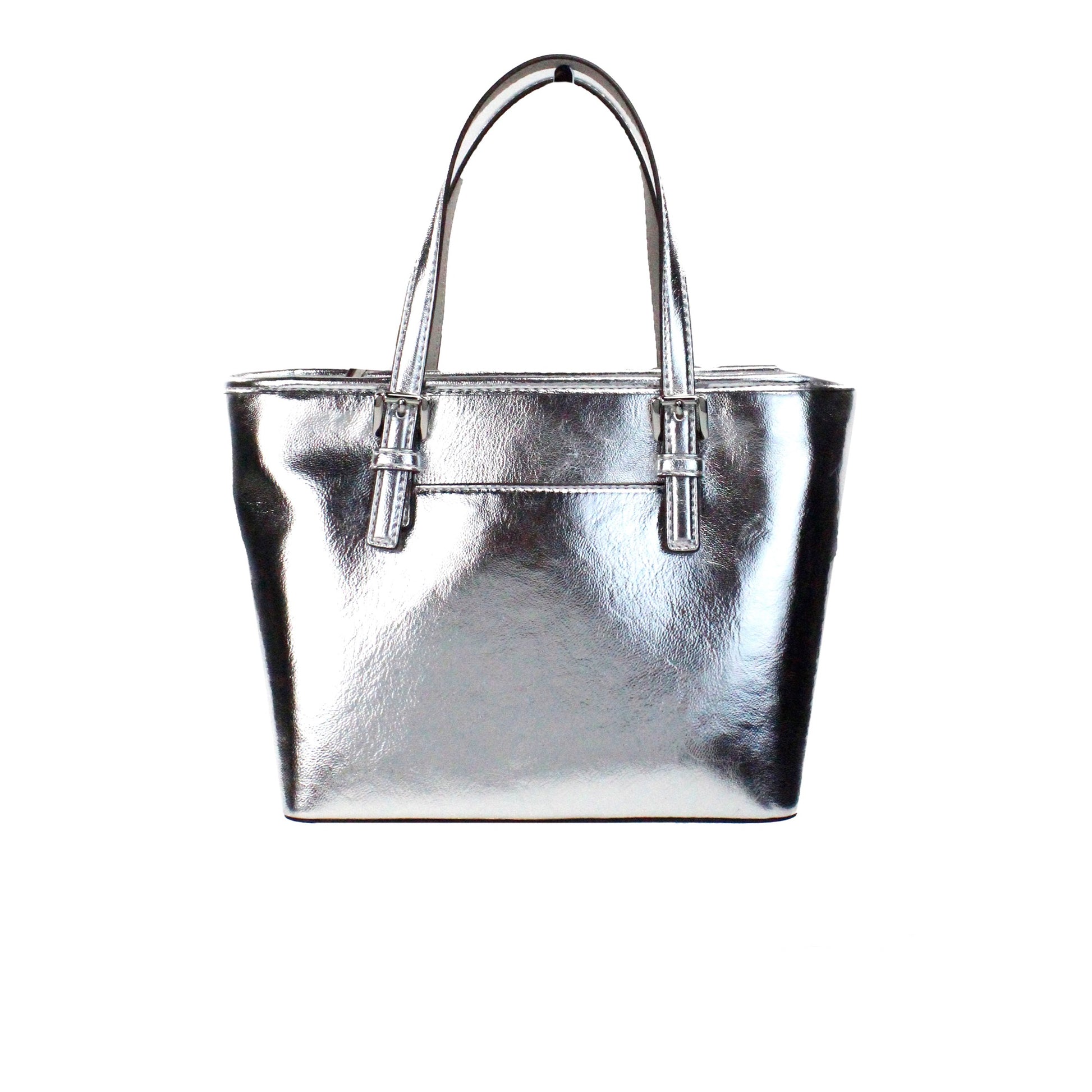 Jet Set Silver Metallic XS Carryall Top Zip Tote Bag Purse - GLAMHUB BOUTIQUE 