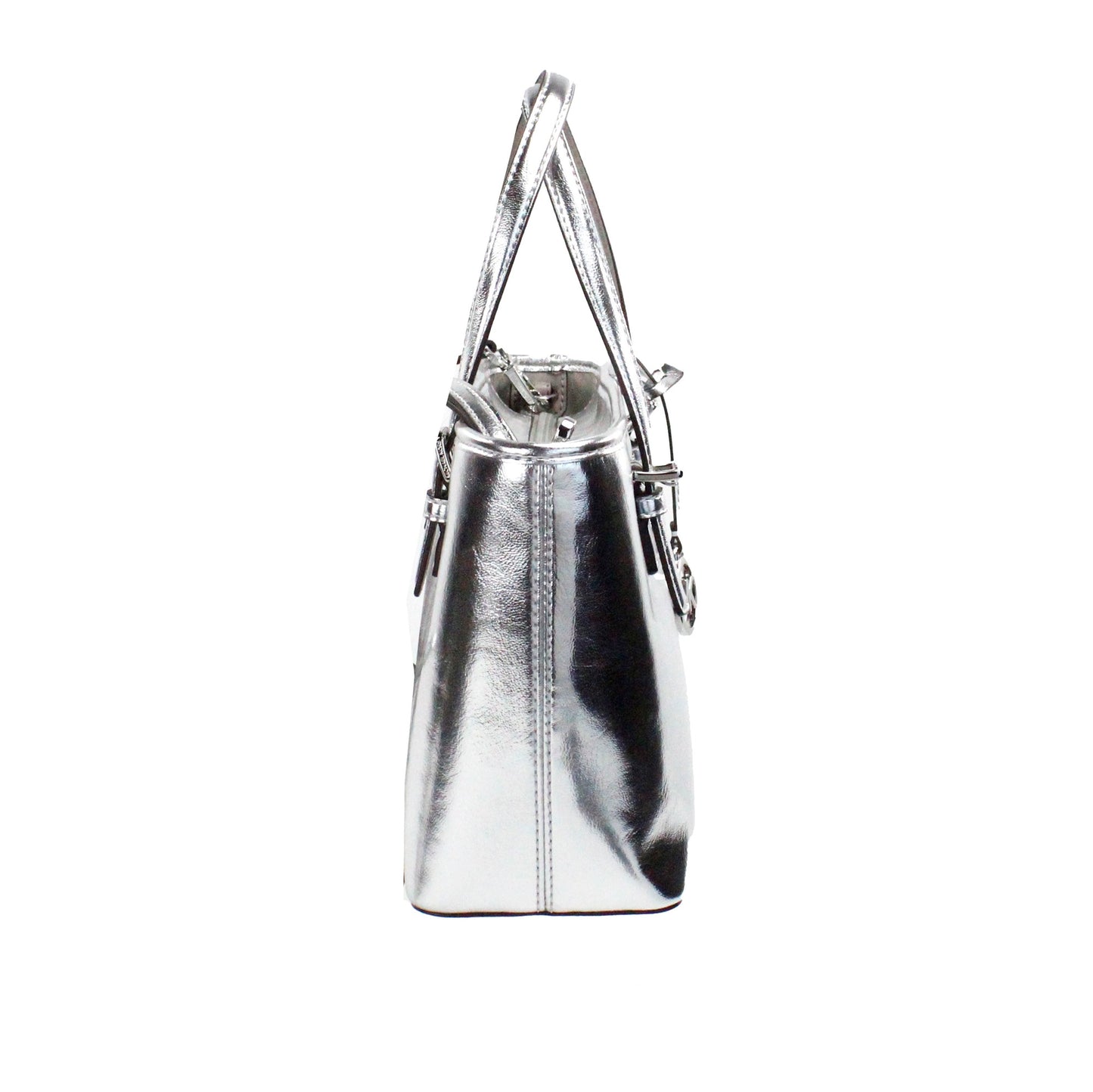 Jet Set Silver Metallic XS Carryall Top Zip Tote Bag Purse - GLAMHUB BOUTIQUE 