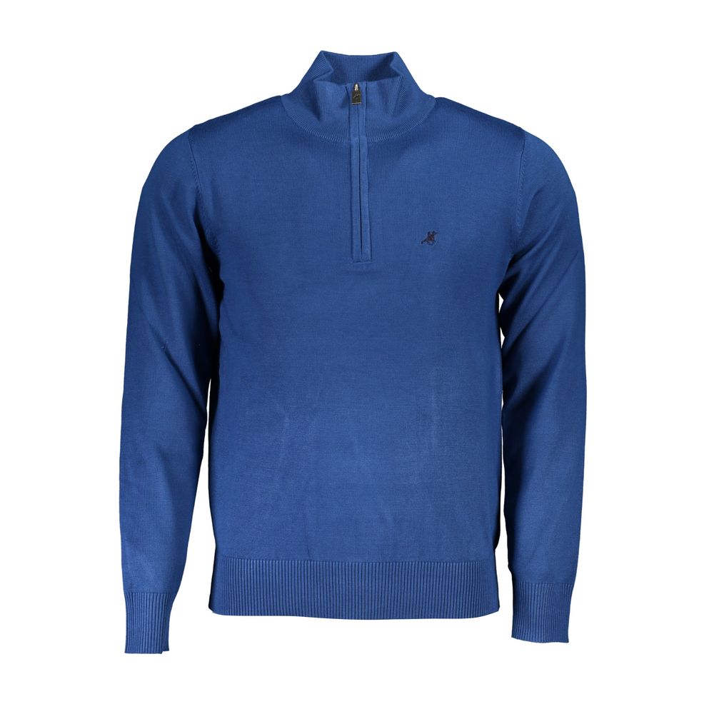 Eleganter blauer Pullover mit Stickerei und halbem Reißverschluss