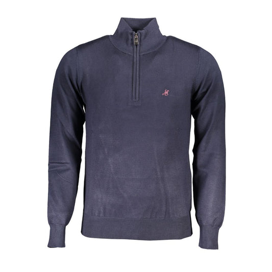 Eleganter blauer Pullover mit halbem Reißverschluss und gesticktem Logo