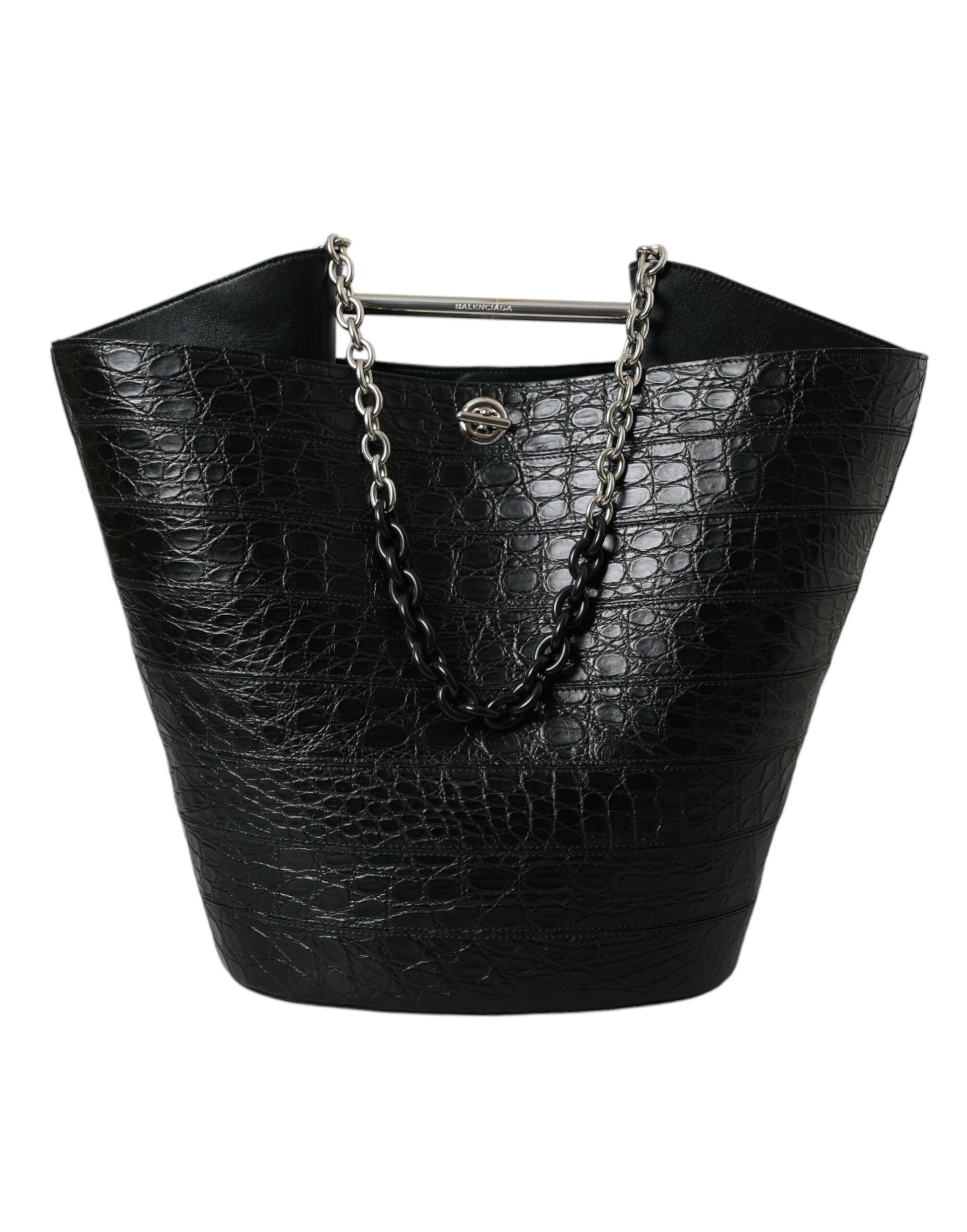 Elegant Black Crocodile Leather Maxi Bucket Bag - GLAMHUB BOUTIQUE 