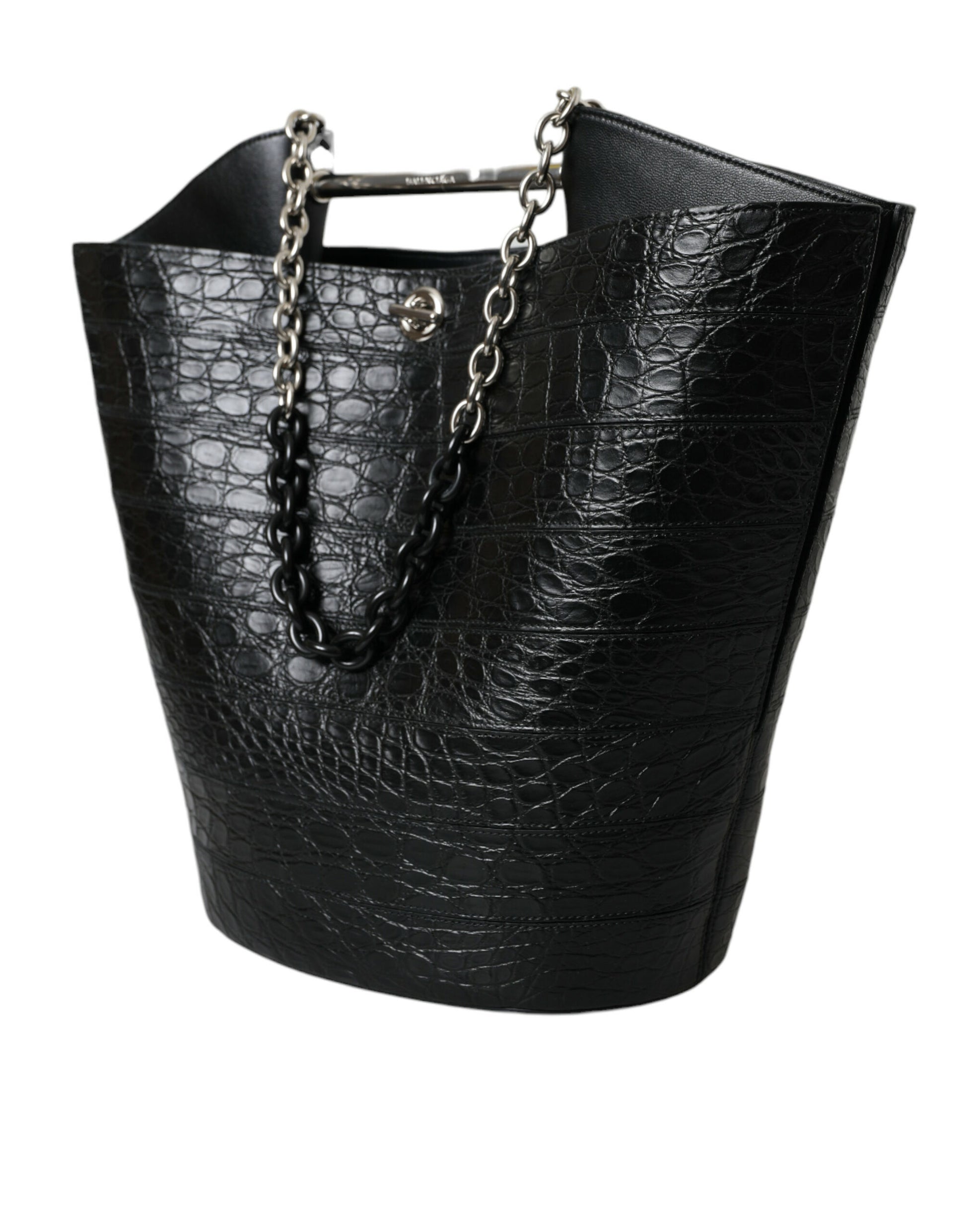 Elegant Black Crocodile Leather Maxi Bucket Bag - GLAMHUB BOUTIQUE 